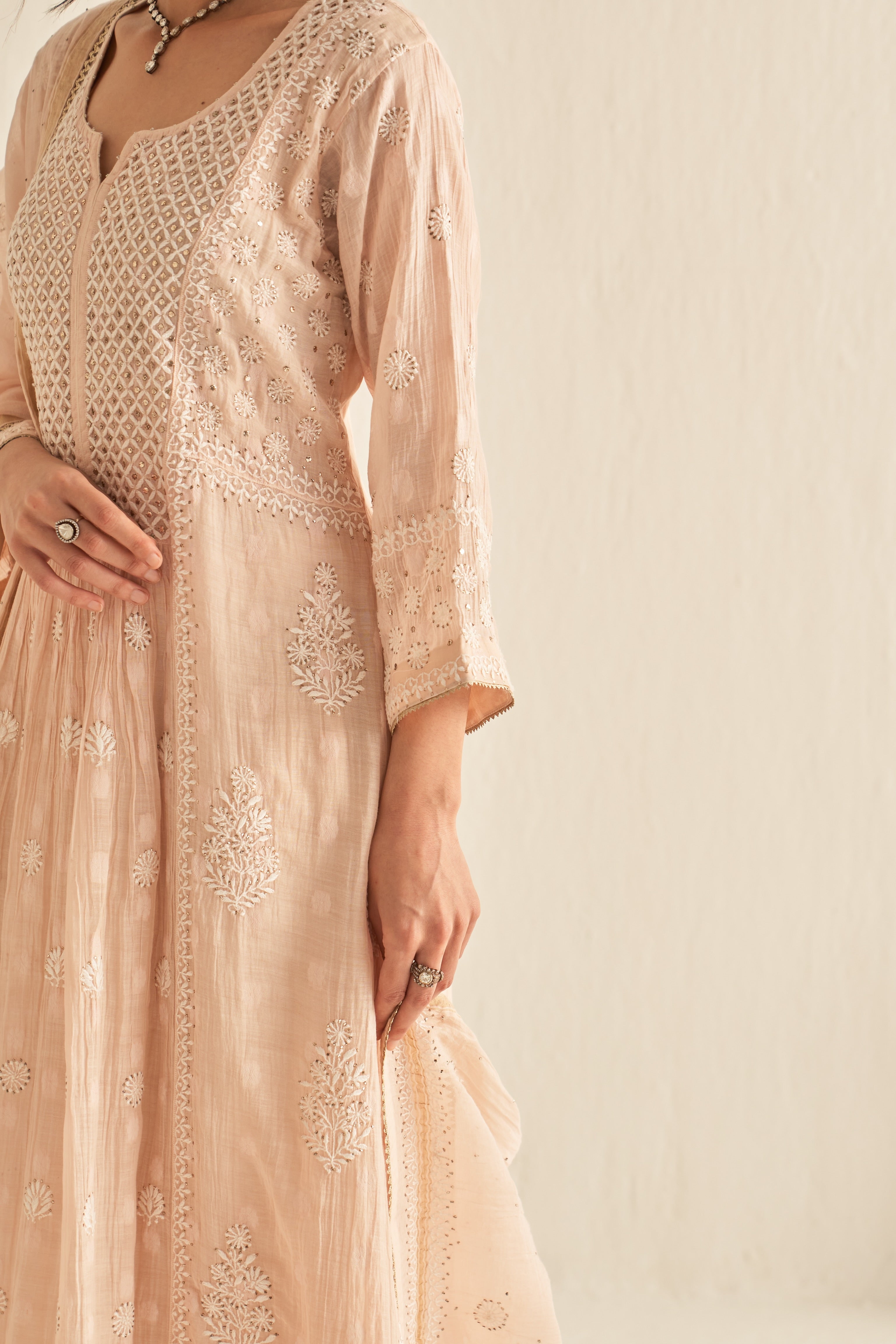 Peach mul chanderi with jacquard weaving kurta set