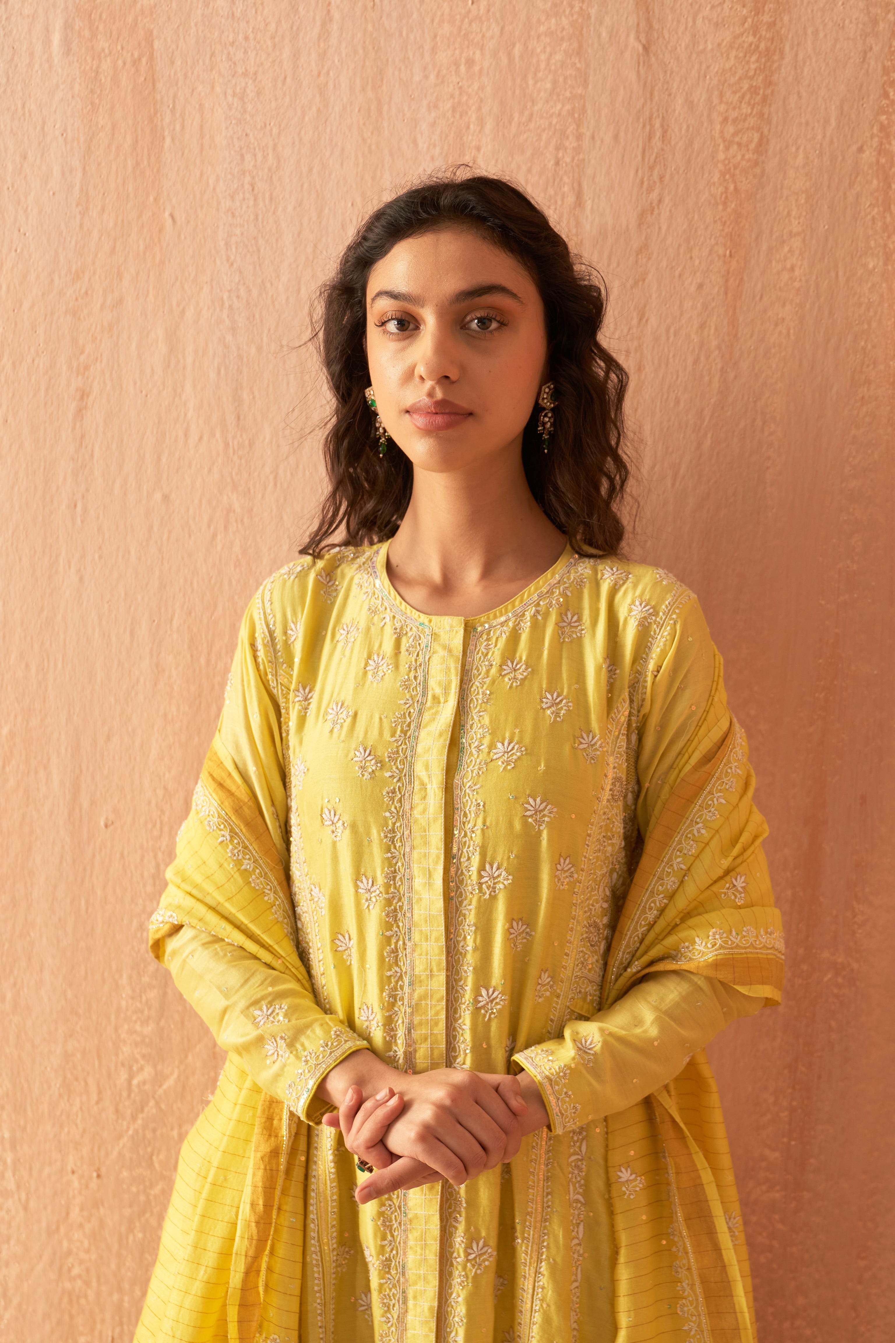 Yellow chanderi chikankari and zardozi Anarkali set