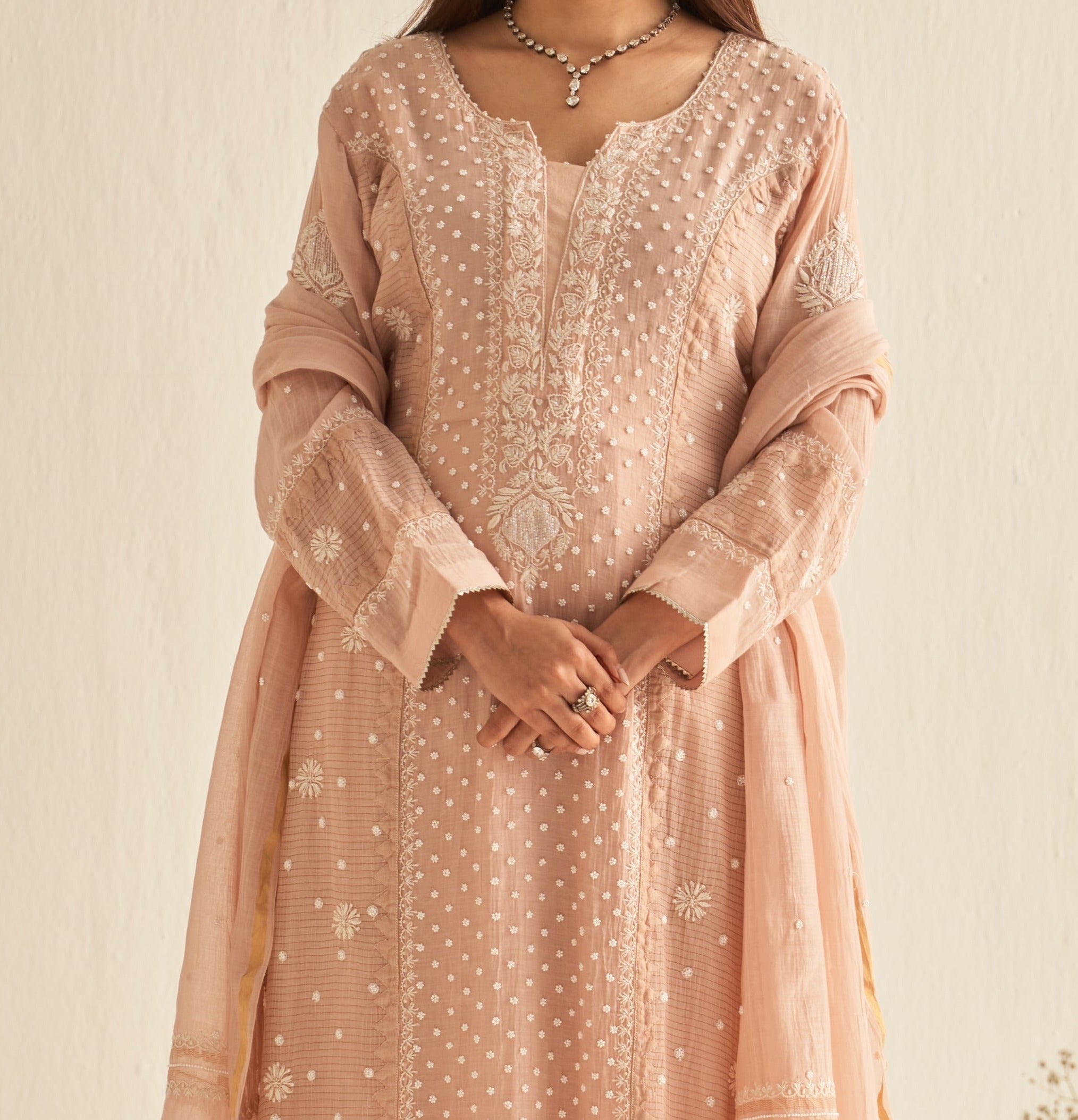 Blush pink chanderi Chikankari suit set