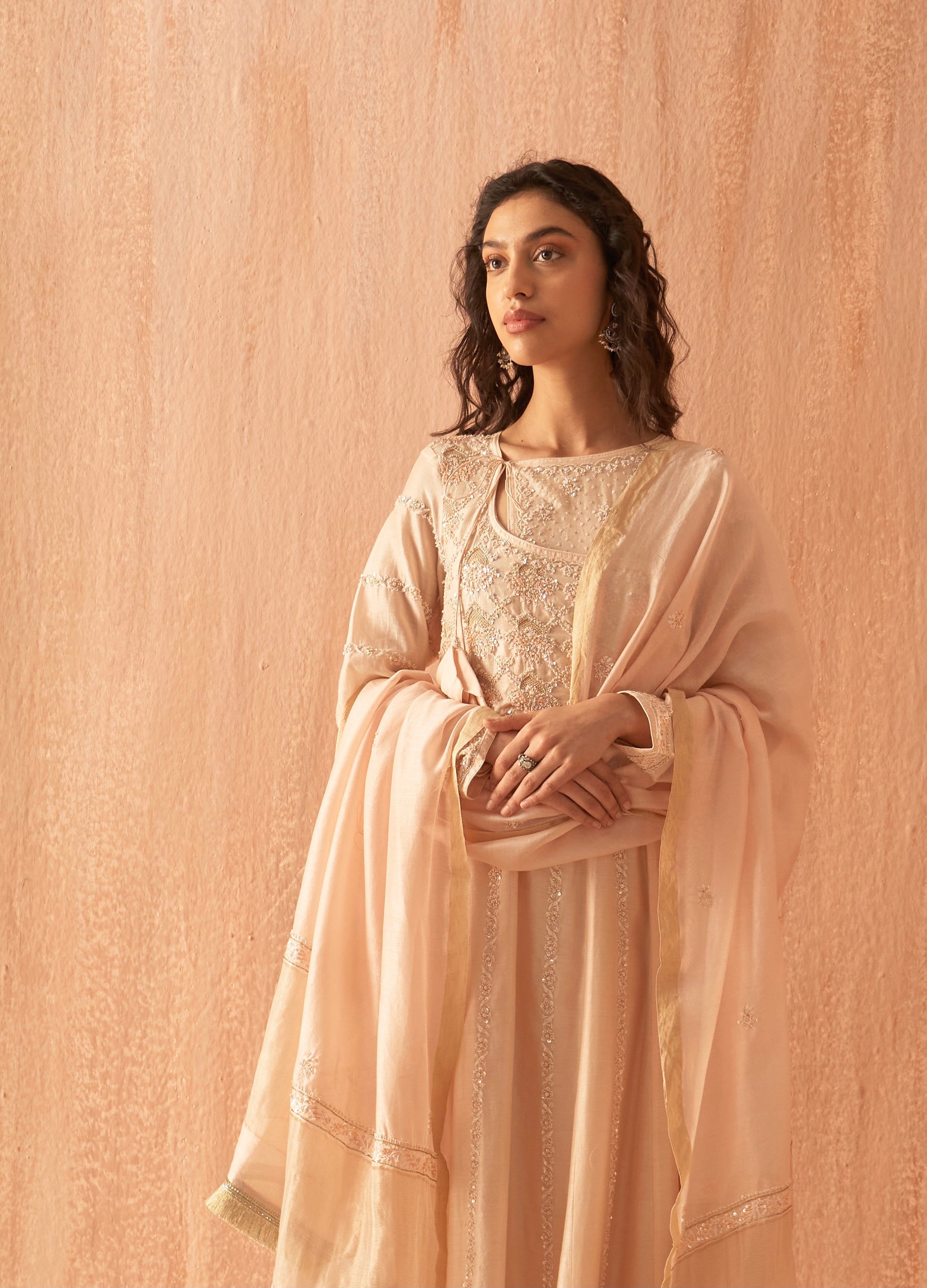 Peach Chanderi Anarkali set with Zari and Chikankari