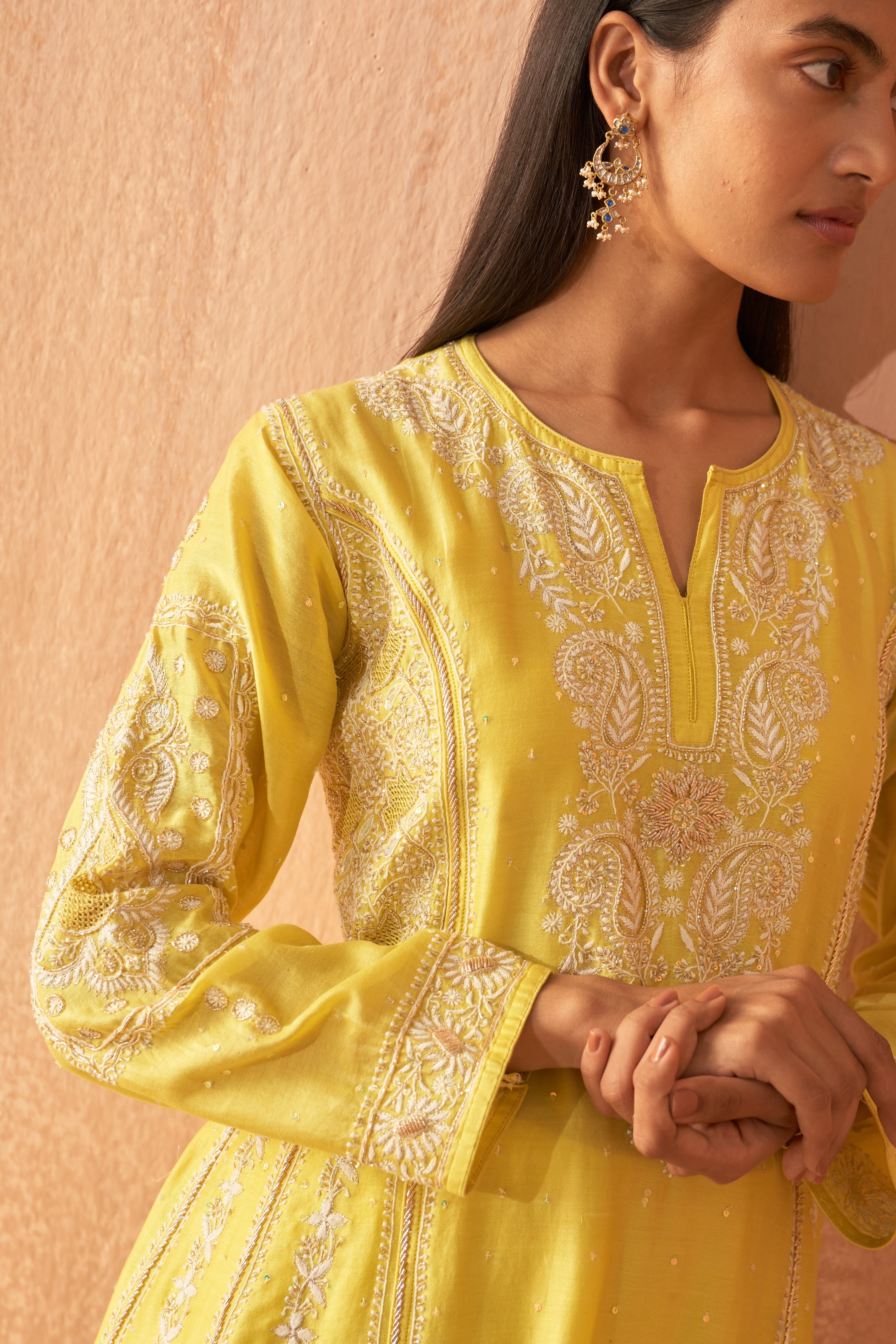 Yellow Chanderi Chikankari and Zardozi Anarkali set
