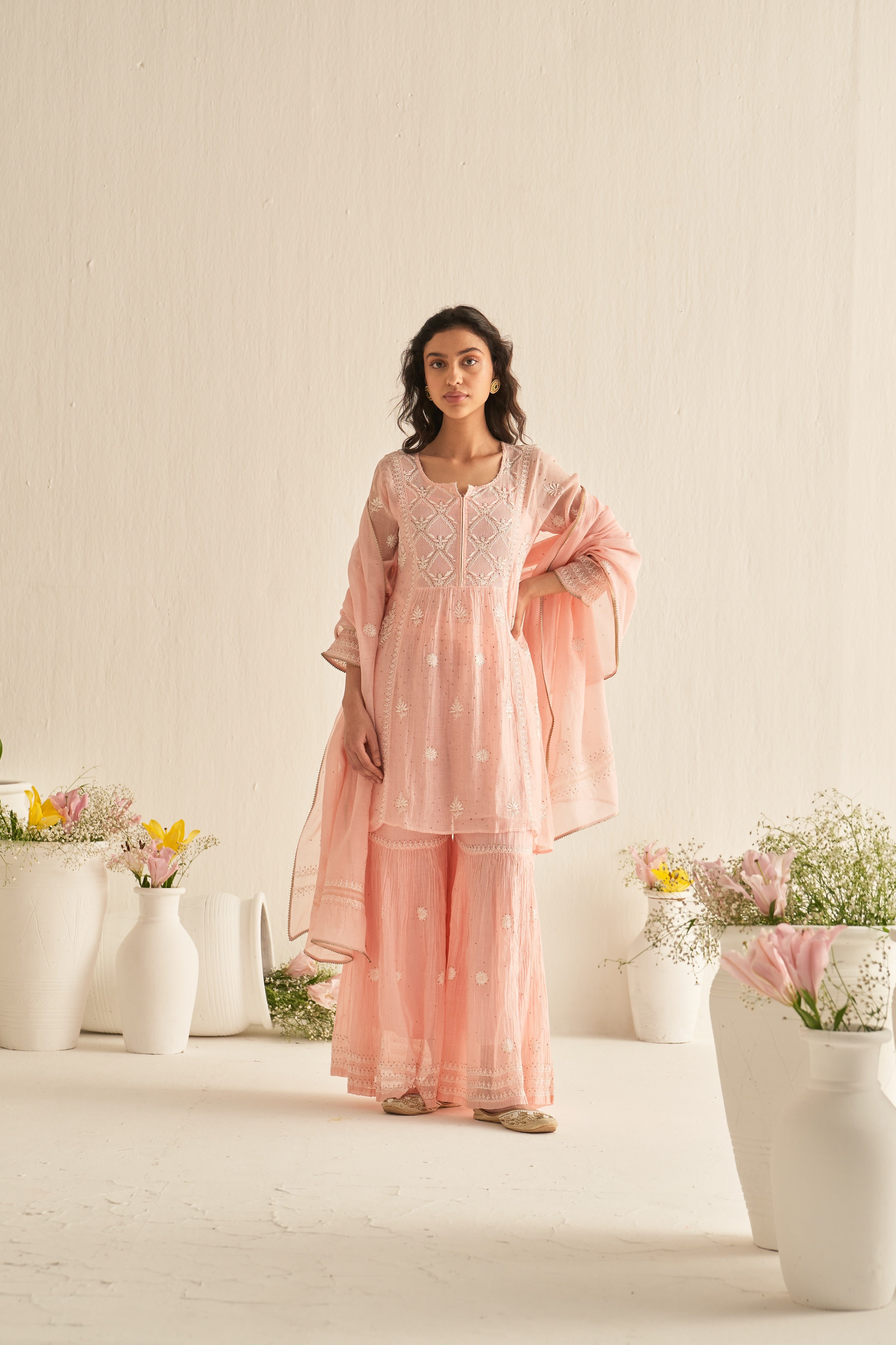 Pink mul chanderi chikankari sharara set