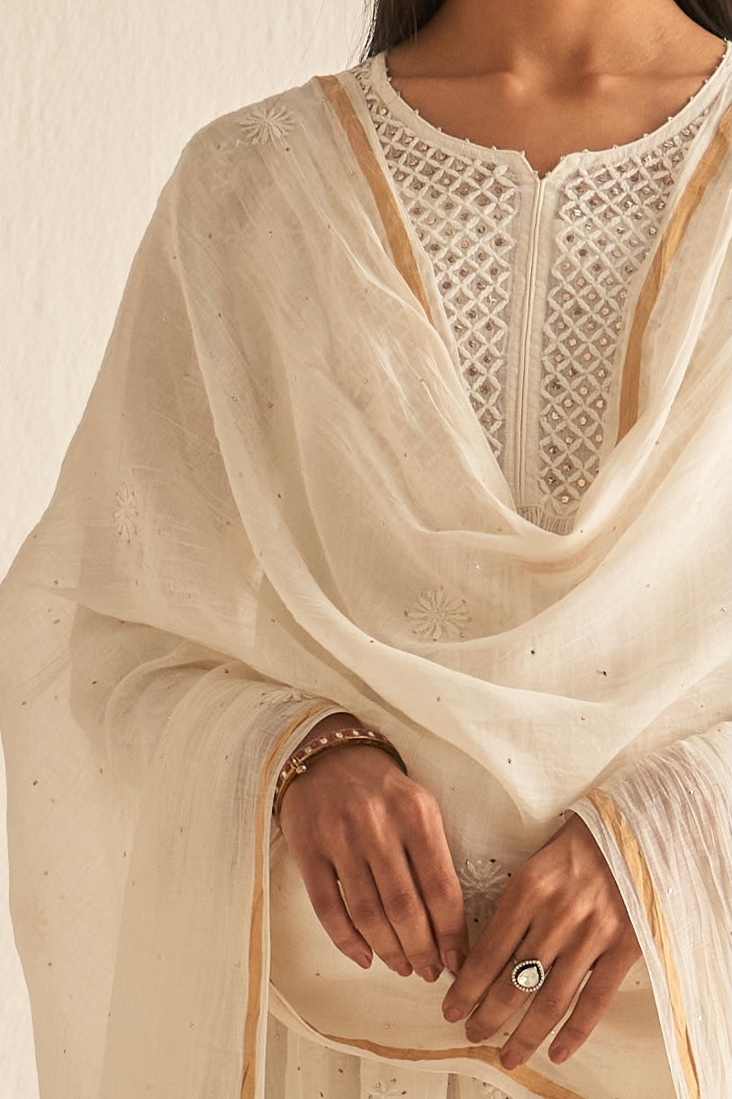 White mul chanderi with mukaish sharara set