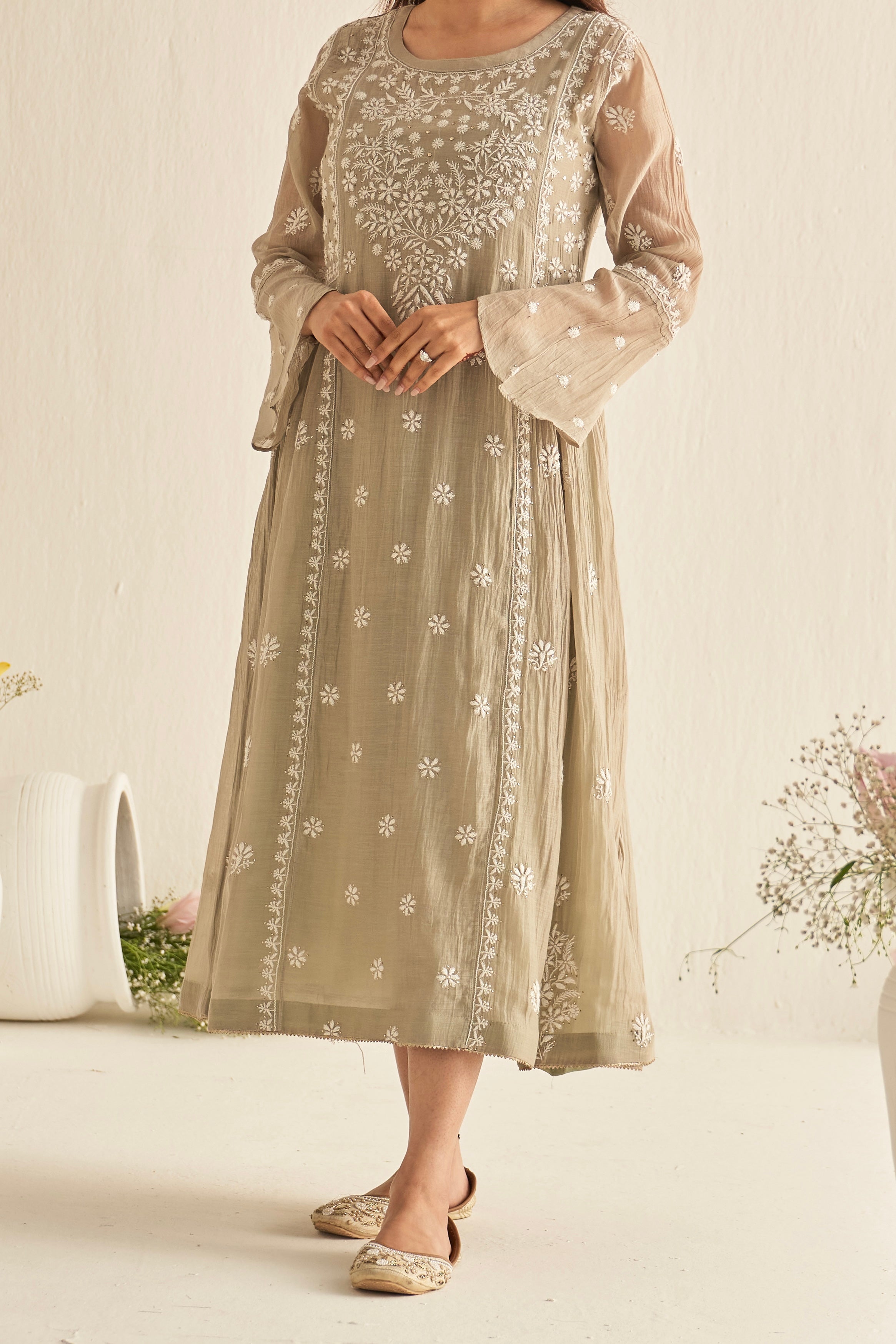 Olive green Chanderi chikankari tunic with mukaish work