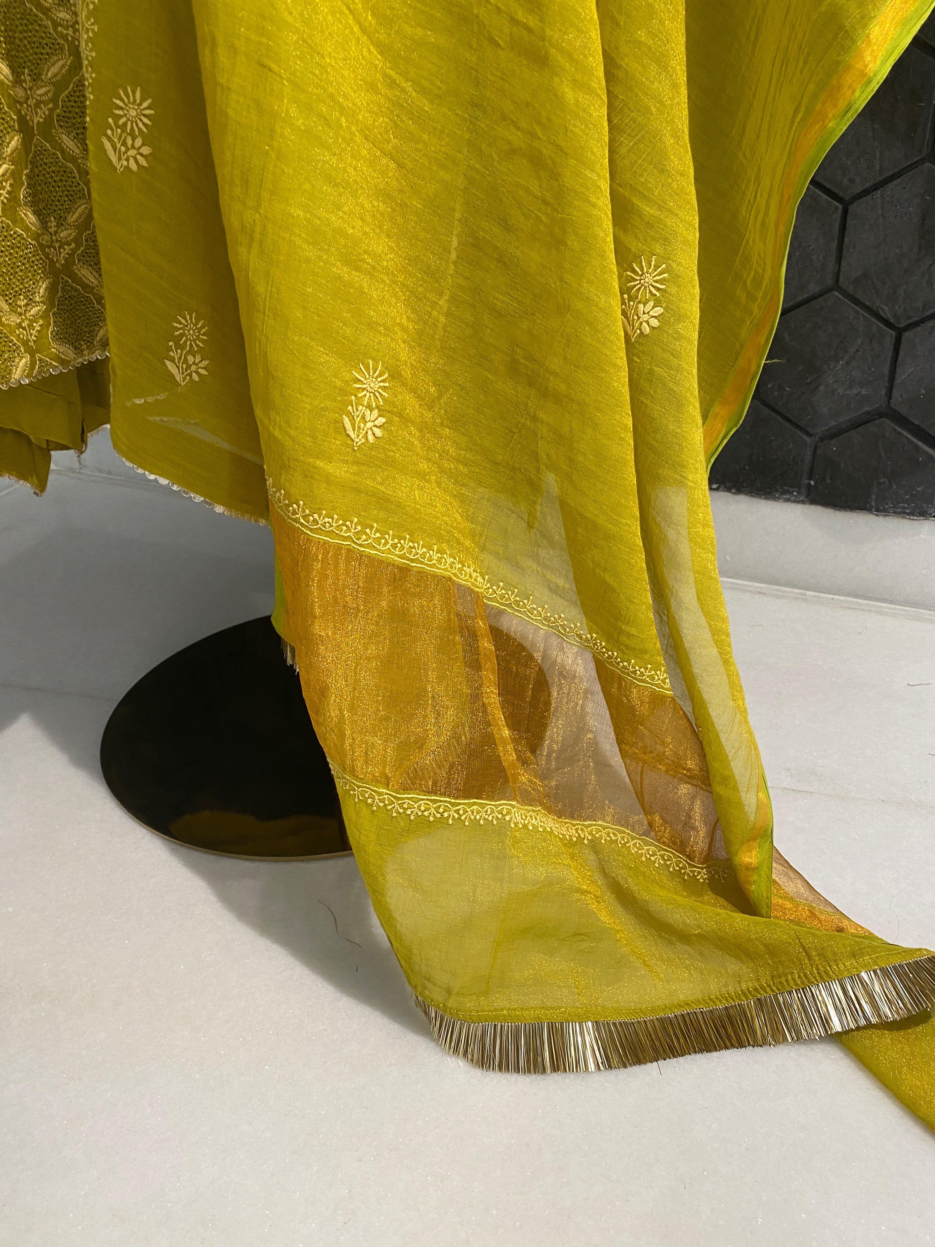 Lime green tissue straight kurta set