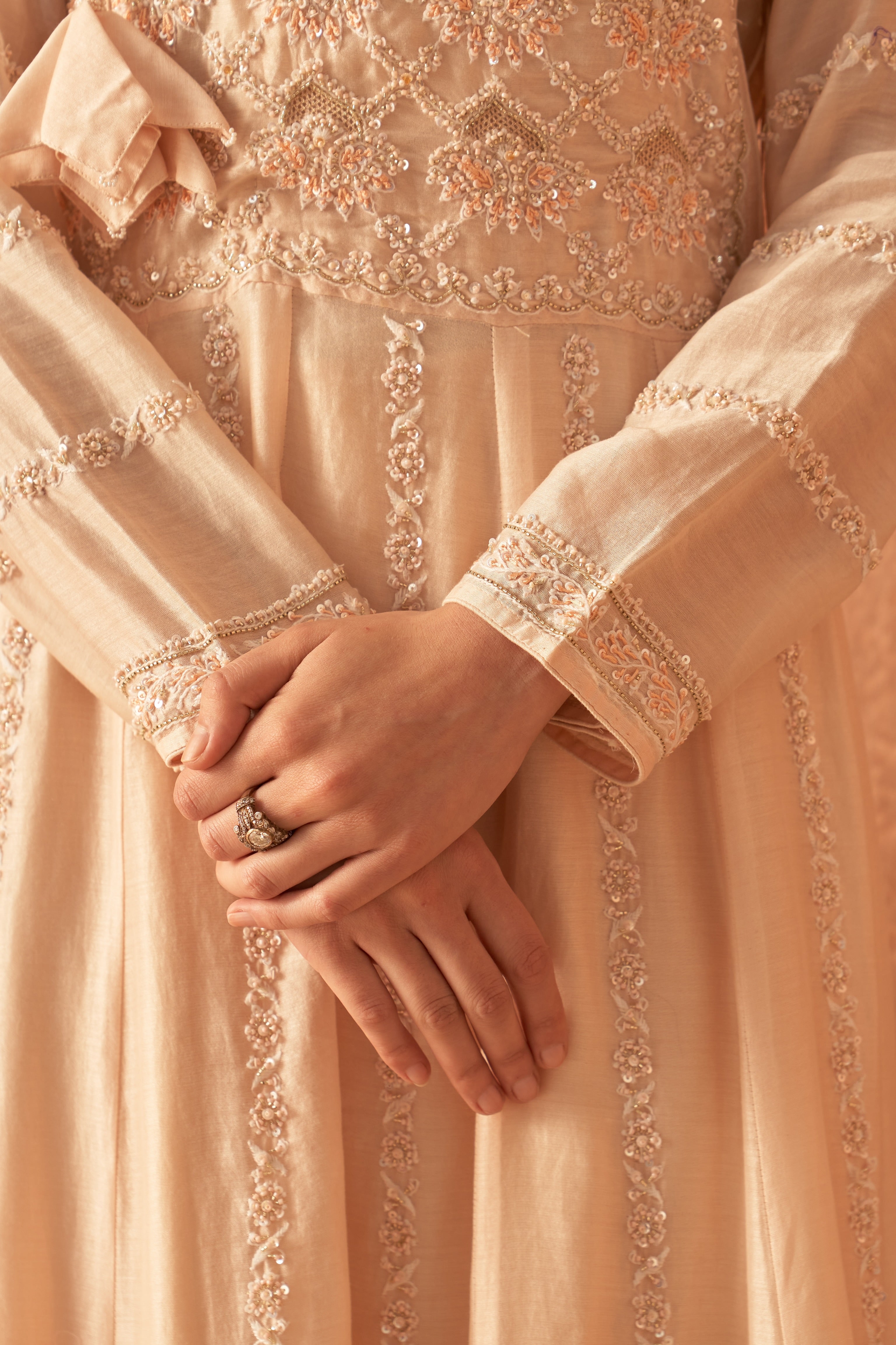 Peach Chanderi Anarkali set with Zari and Chikankari