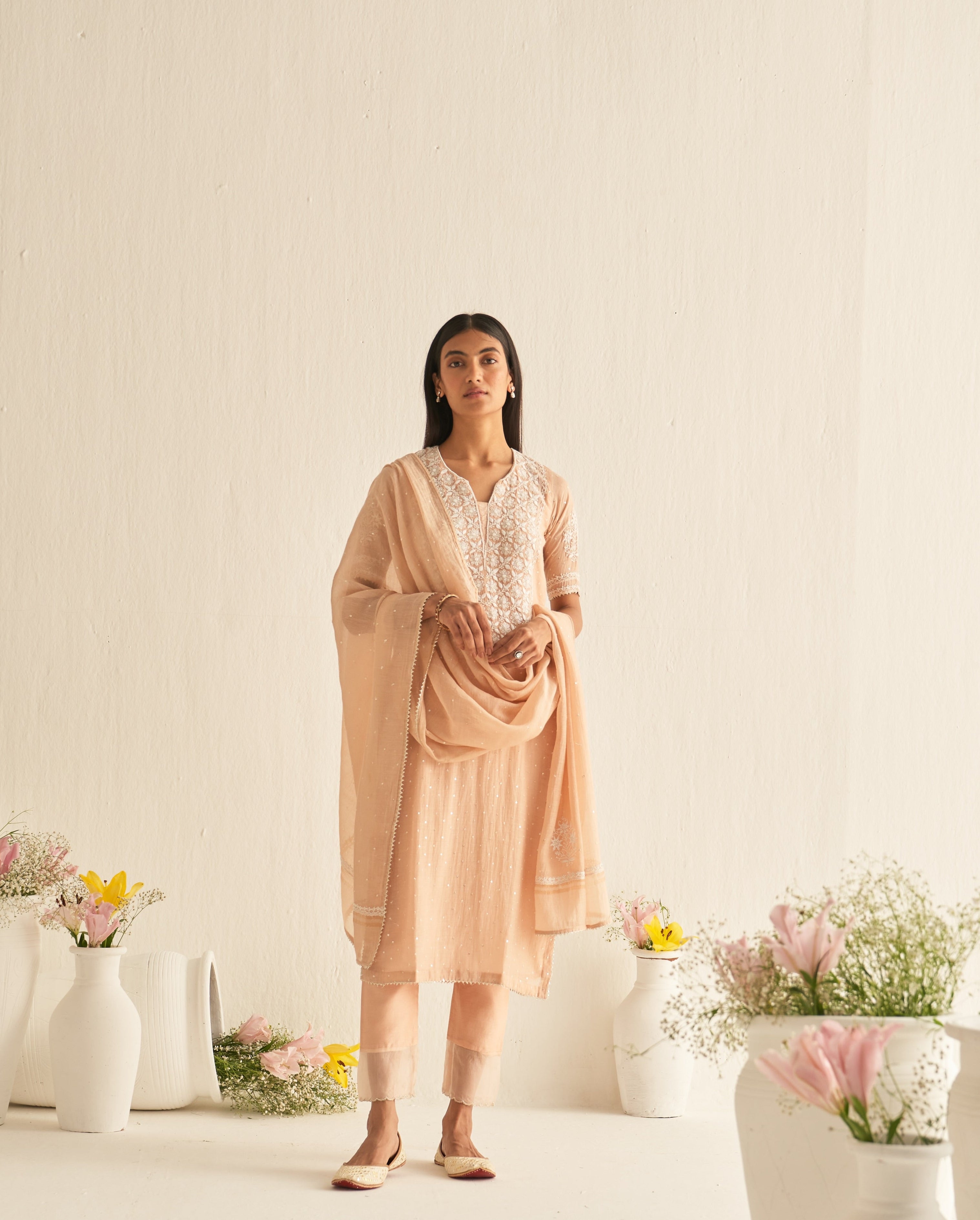 Peach mul chanderi tikki chaak chikankari kurta set
