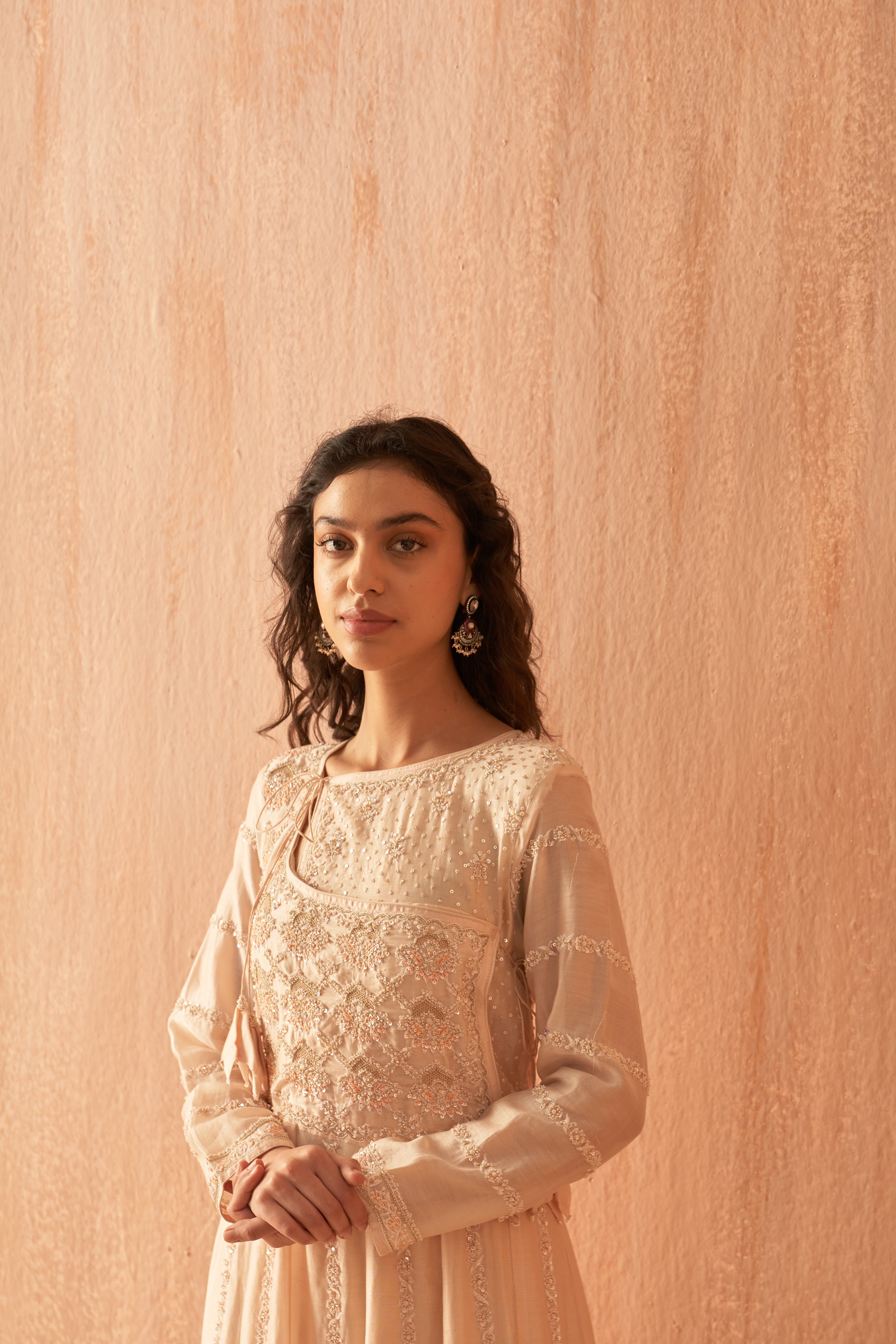Peach Chanderi Anarkali set with Zari and Chikankari