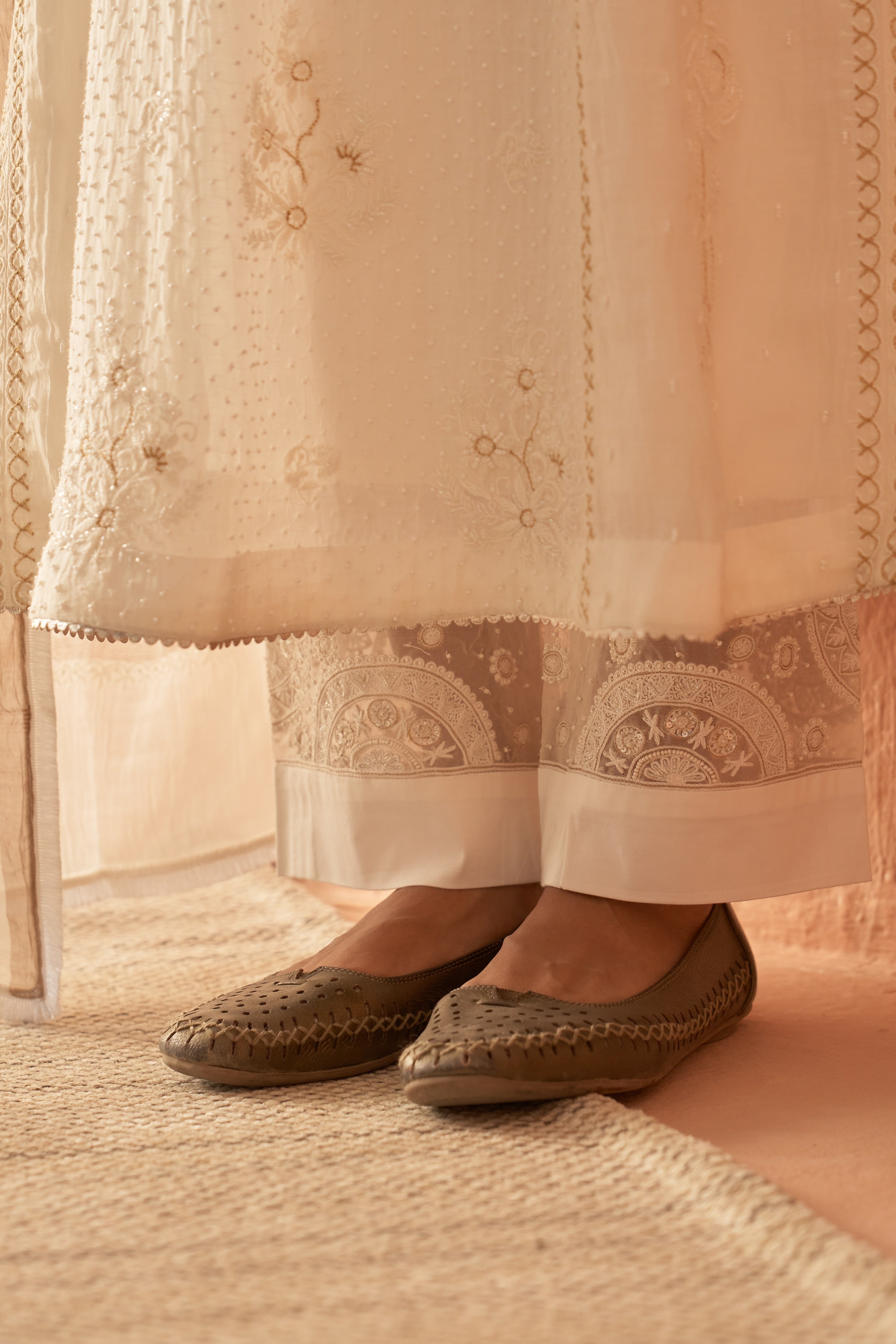 White Chanderi Chikankari Anarkali set with Pearl highlights