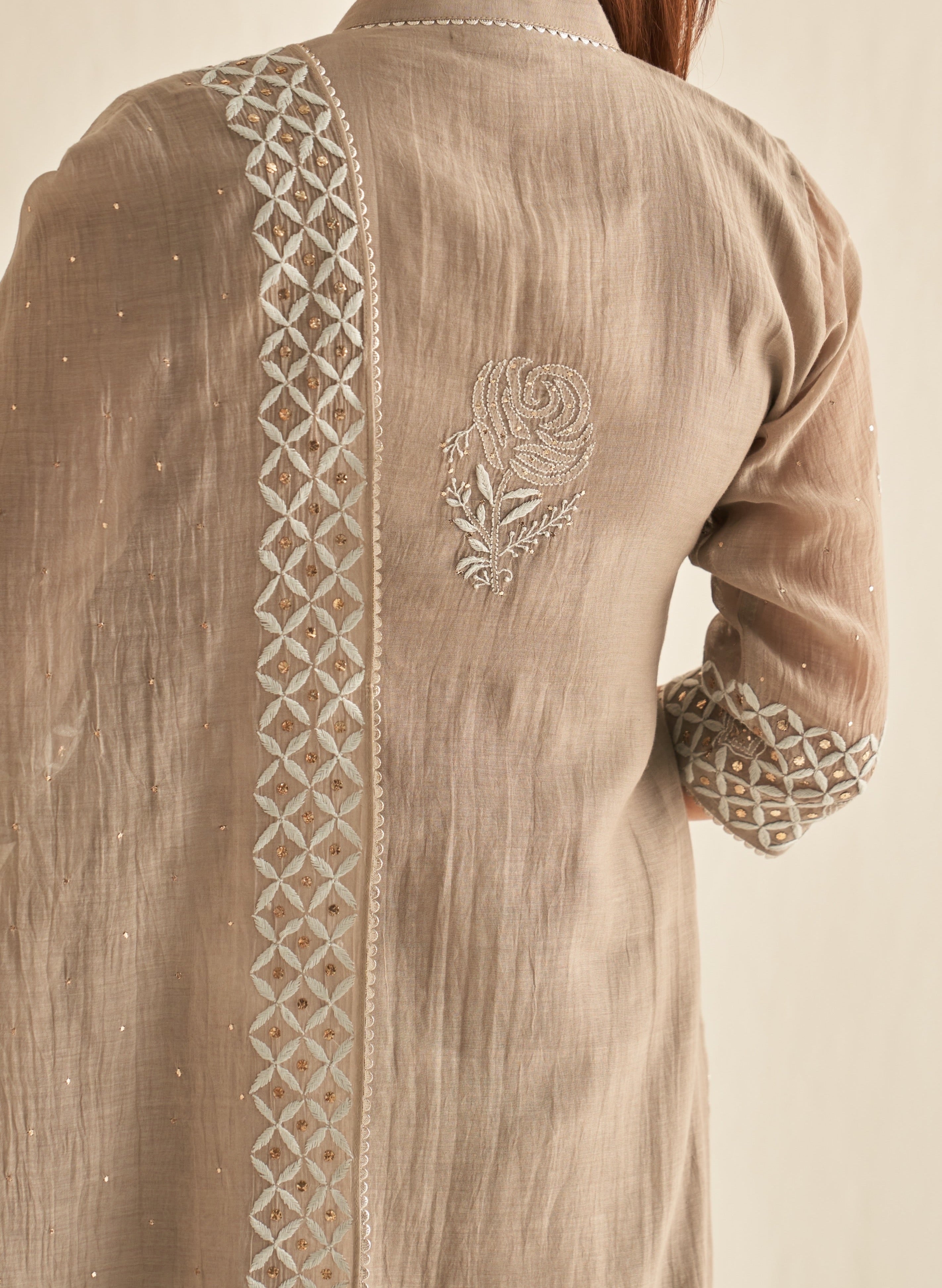 Grey mul chanderi straight kurta set
