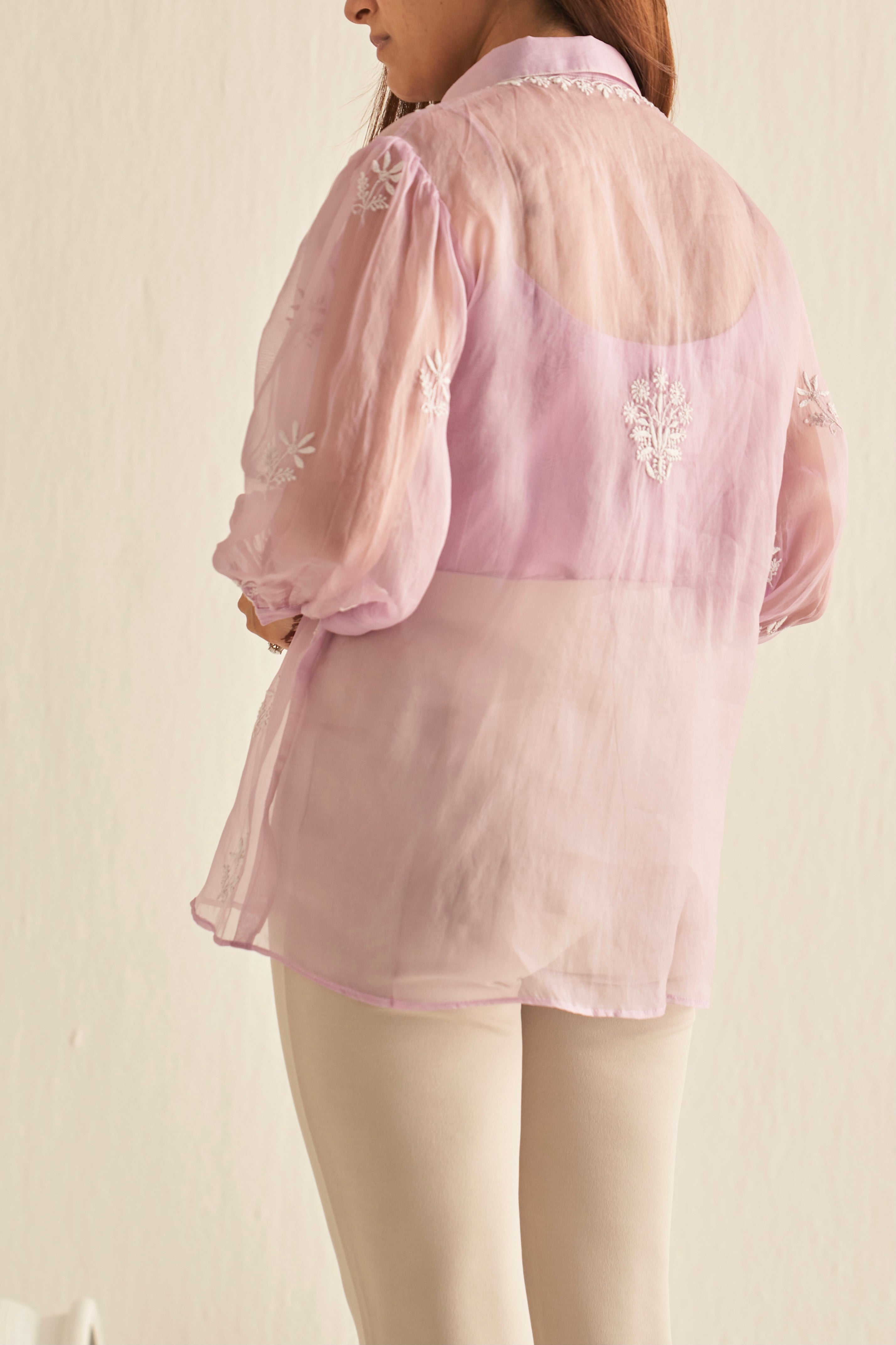 Lavender organza shirt with chikankari
