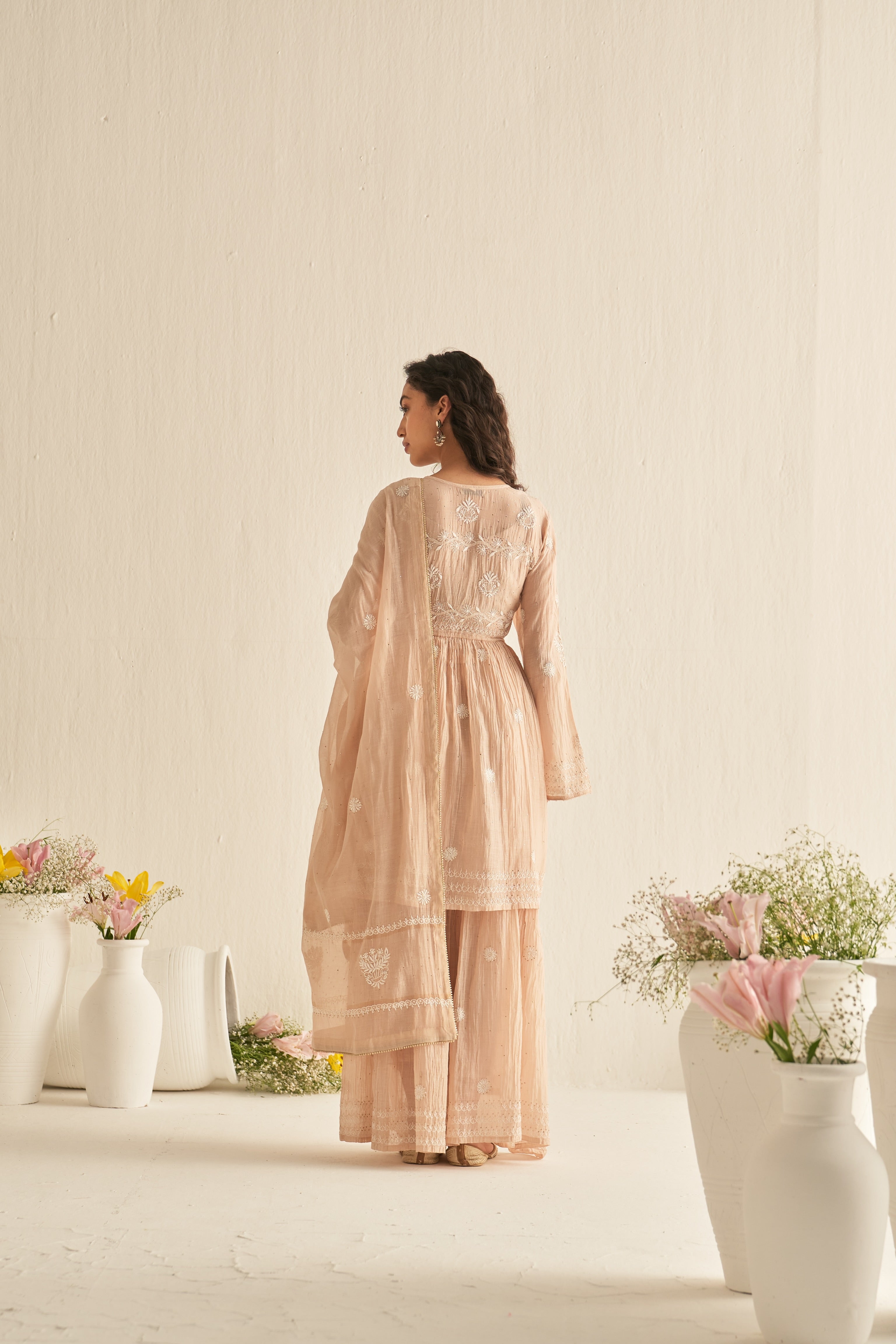 Peach mul chanderi mukaish and chikankari sharara set