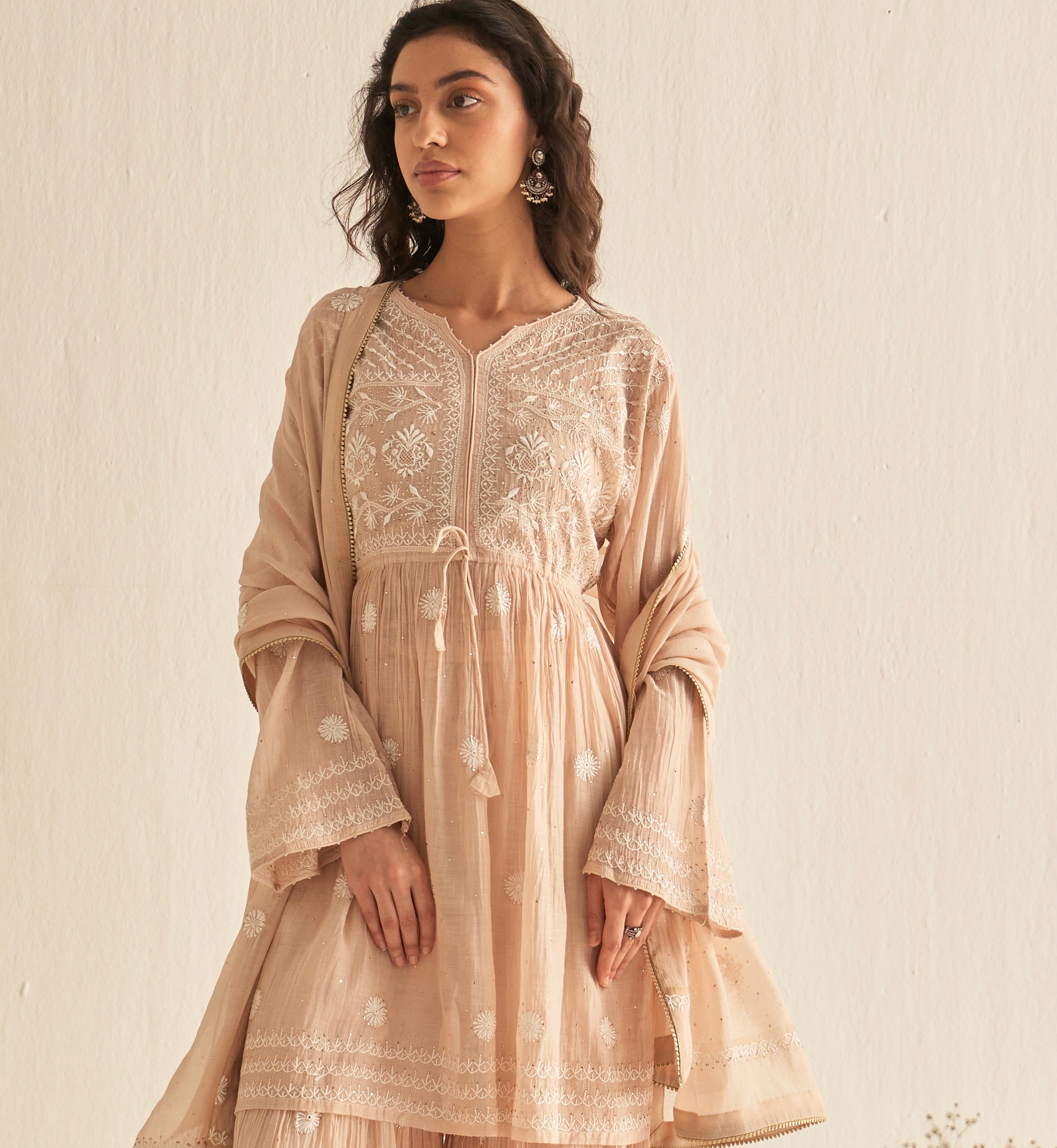 Peach mul chanderi mukaish and chikankari sharara set