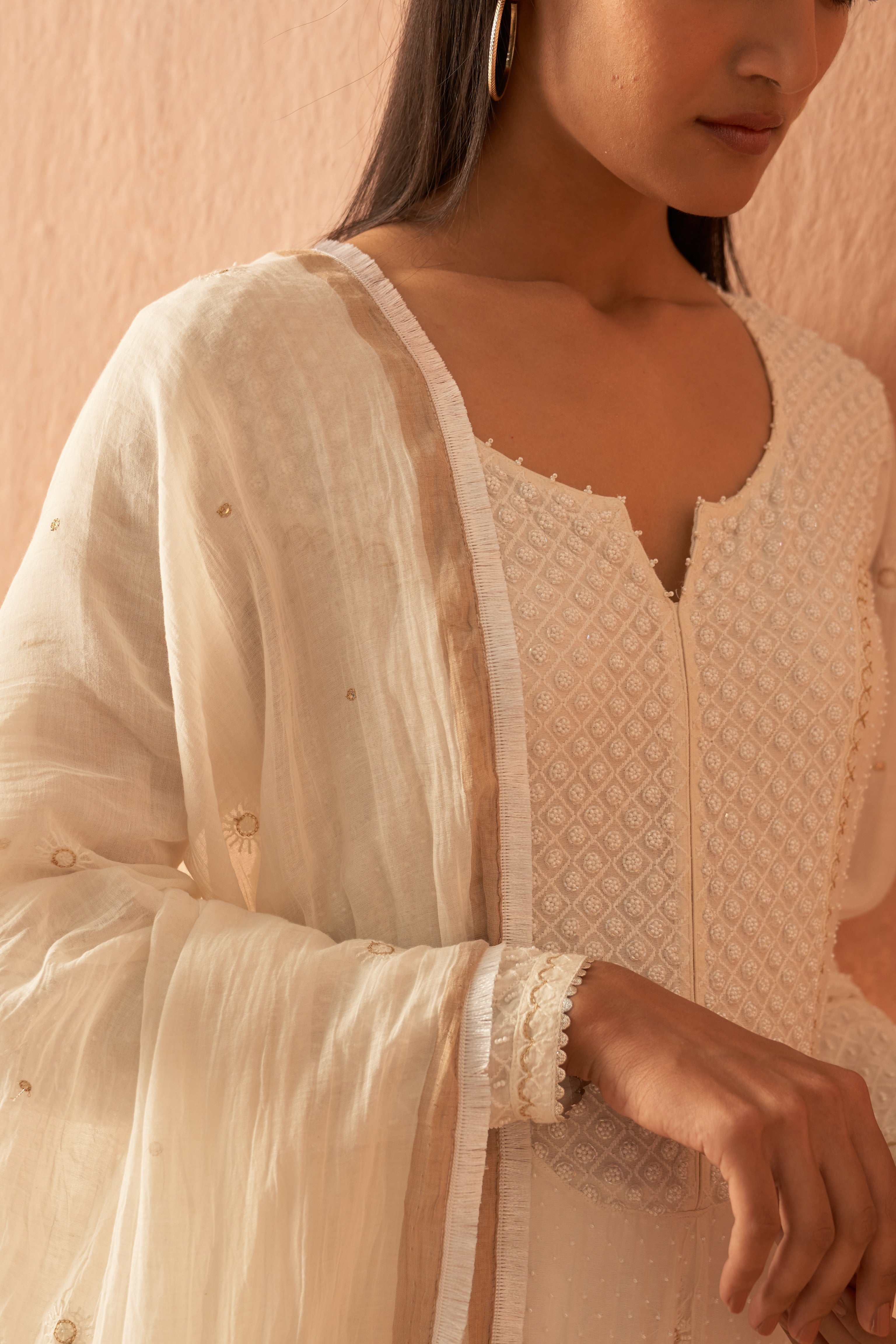 White Chanderi Chikankari Anarkali set with Pearl highlights