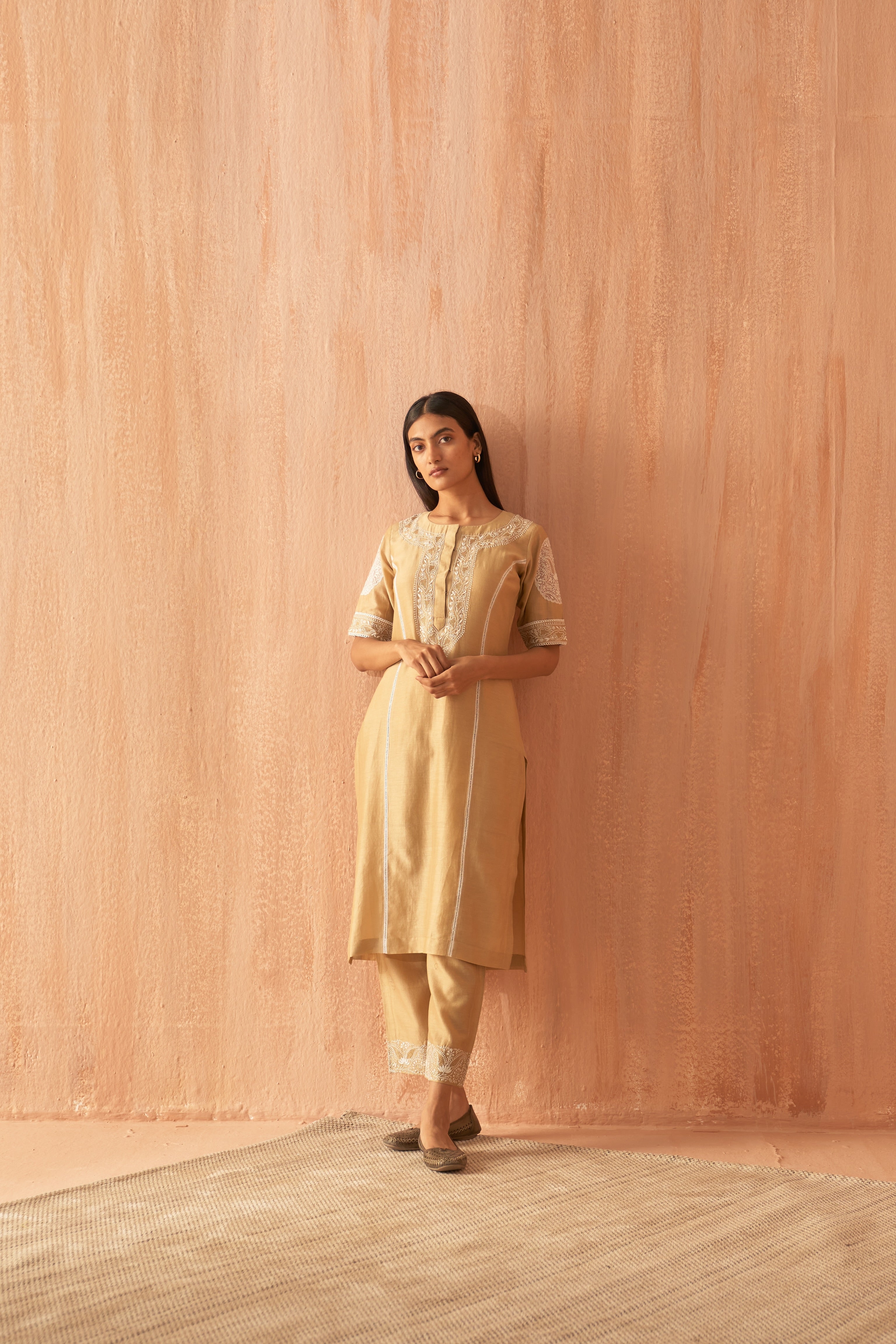 Gold chanderi chikankari Co-ord sets