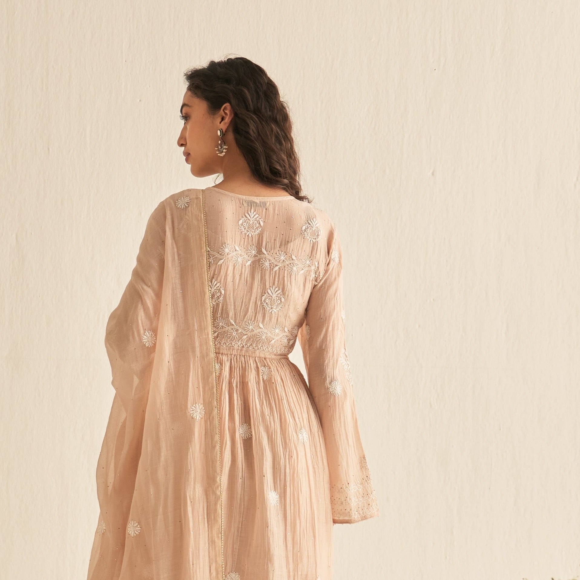 Peach mul chanderi mukaish and chikankari sharara set