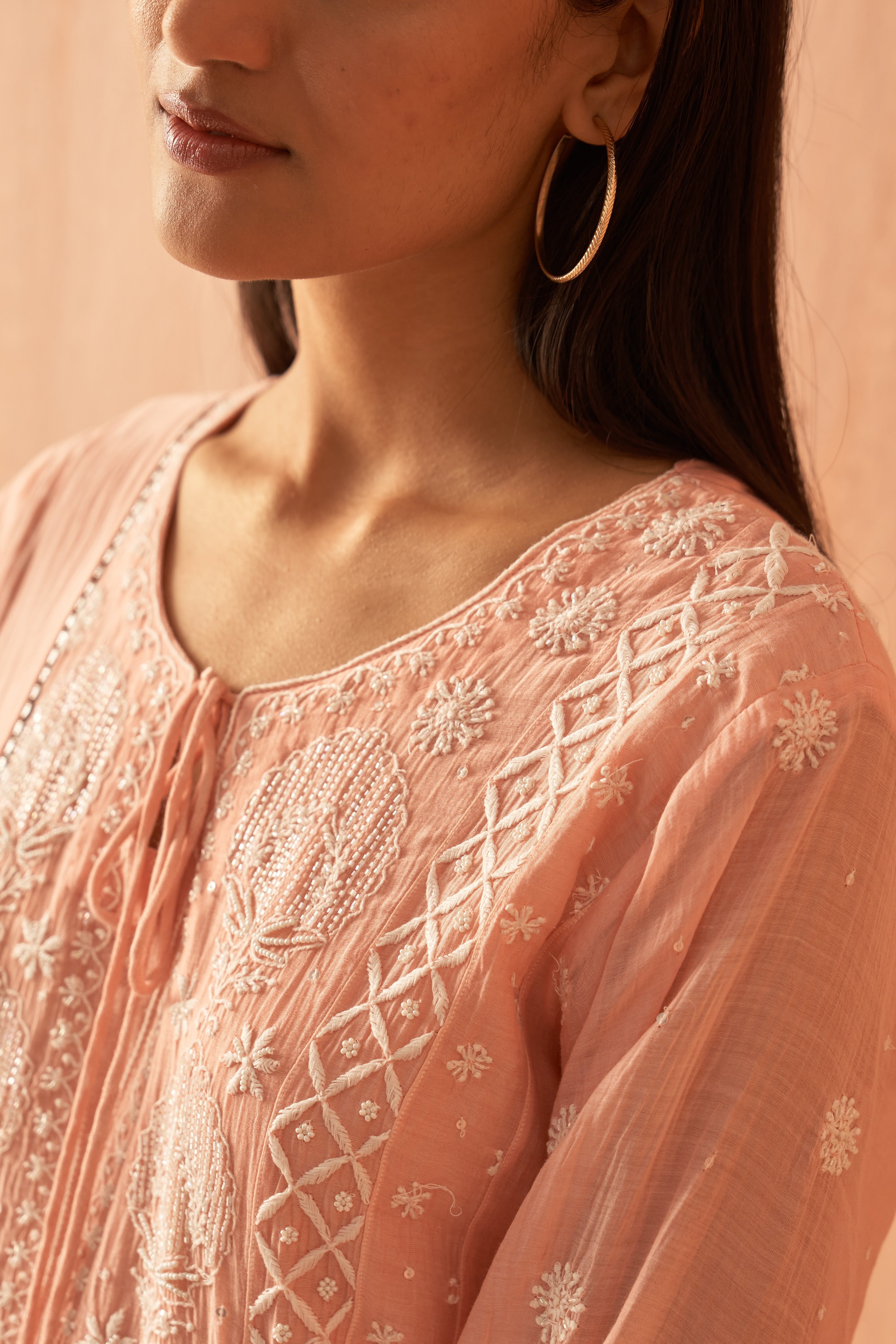 Peach soft Chanderi Heavy Chikankari Kurta Set