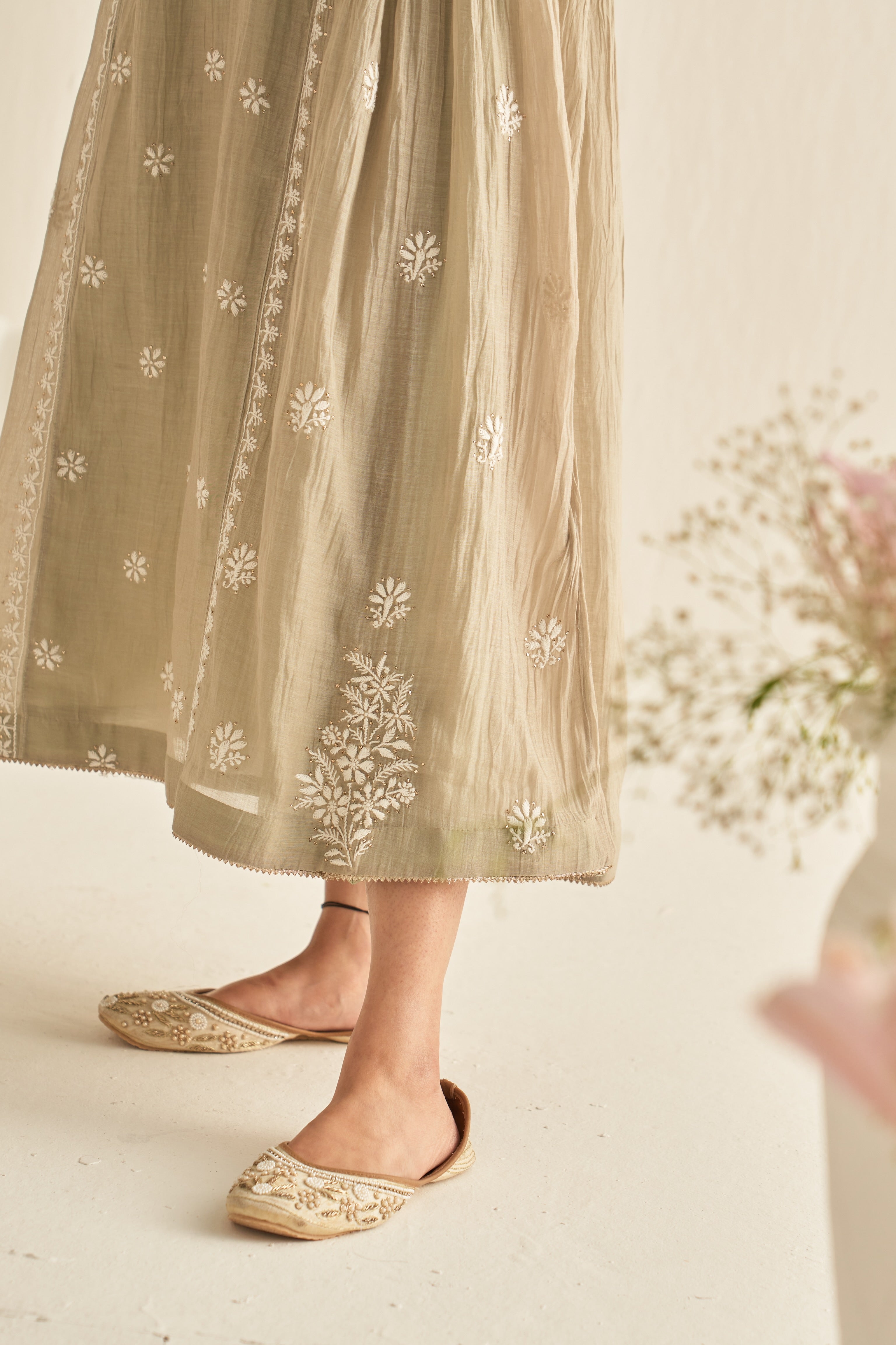 Olive green Chanderi chikankari tunic with mukaish work