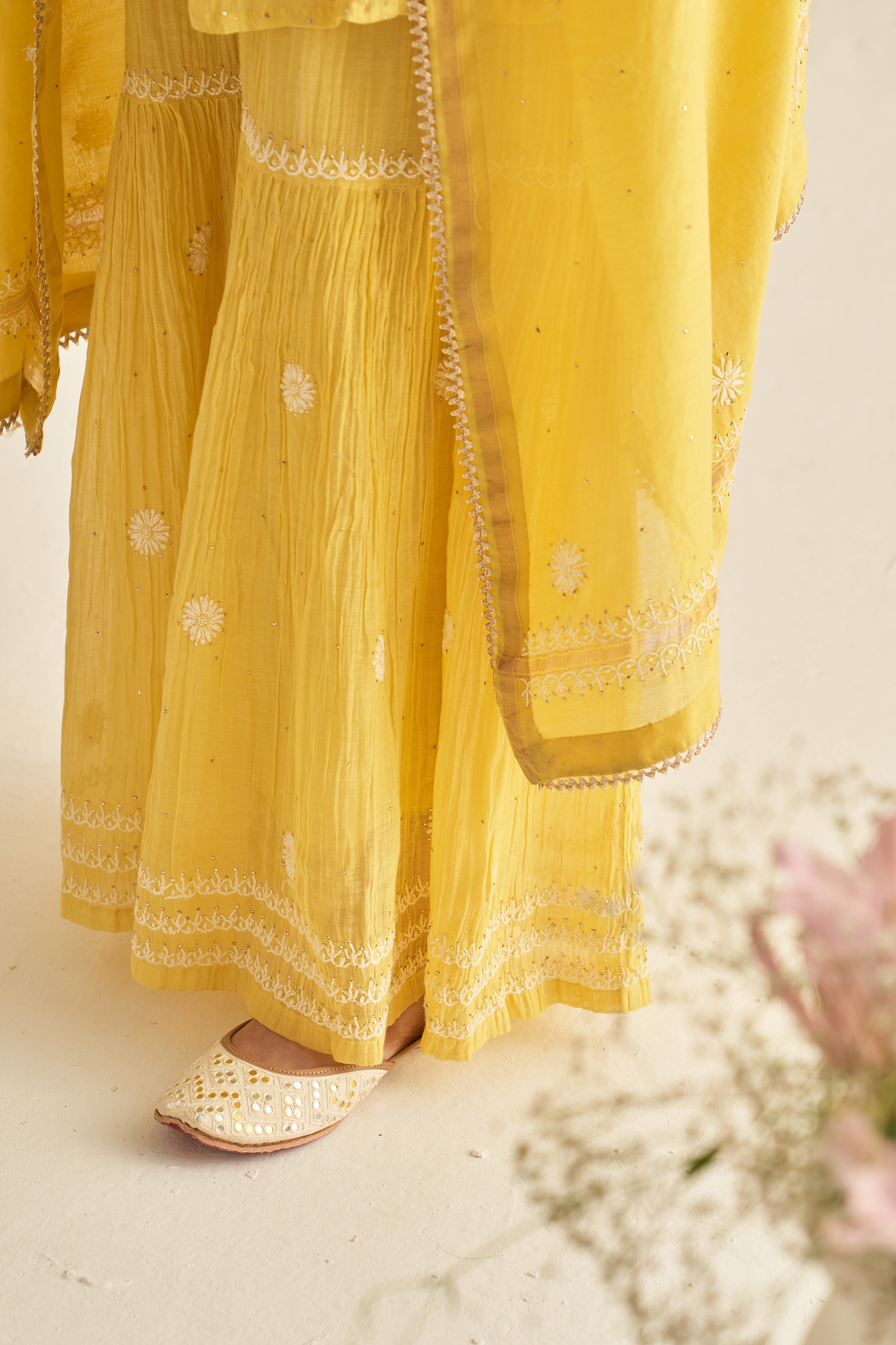 Yellow mul chanderi sharara set with mukaish and chikankari work