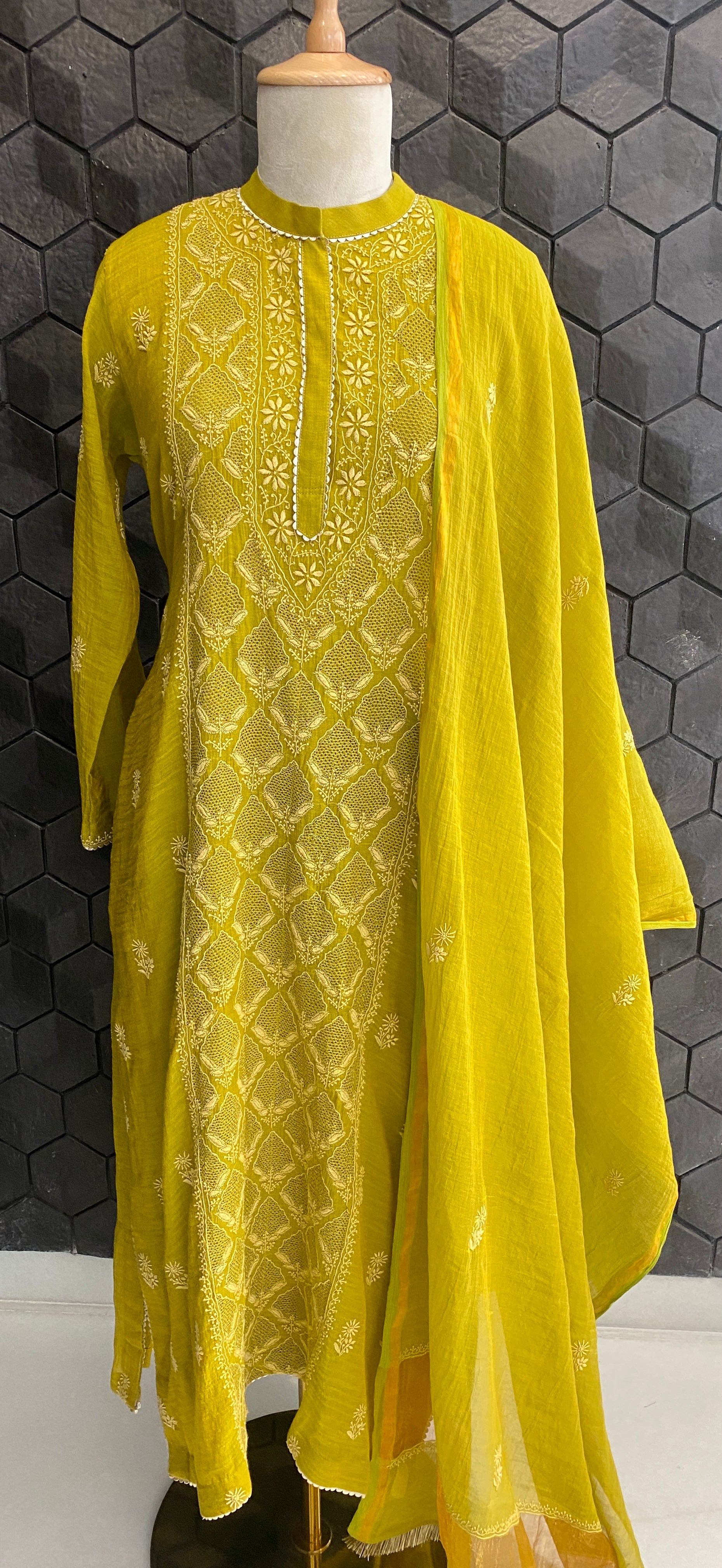 Lime green tissue straight kurta set