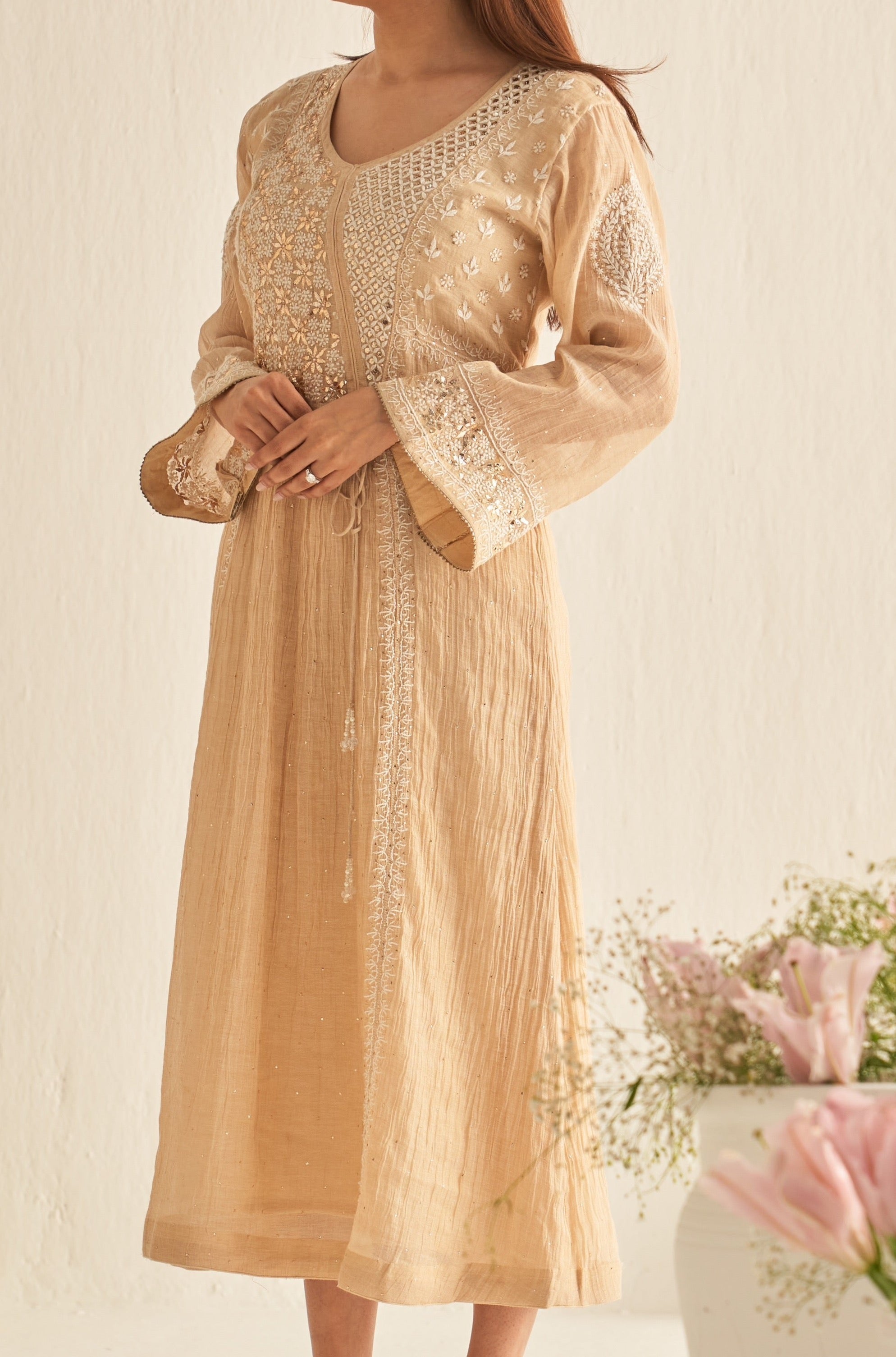 Natural gold chikankari and mukaish tunic dress