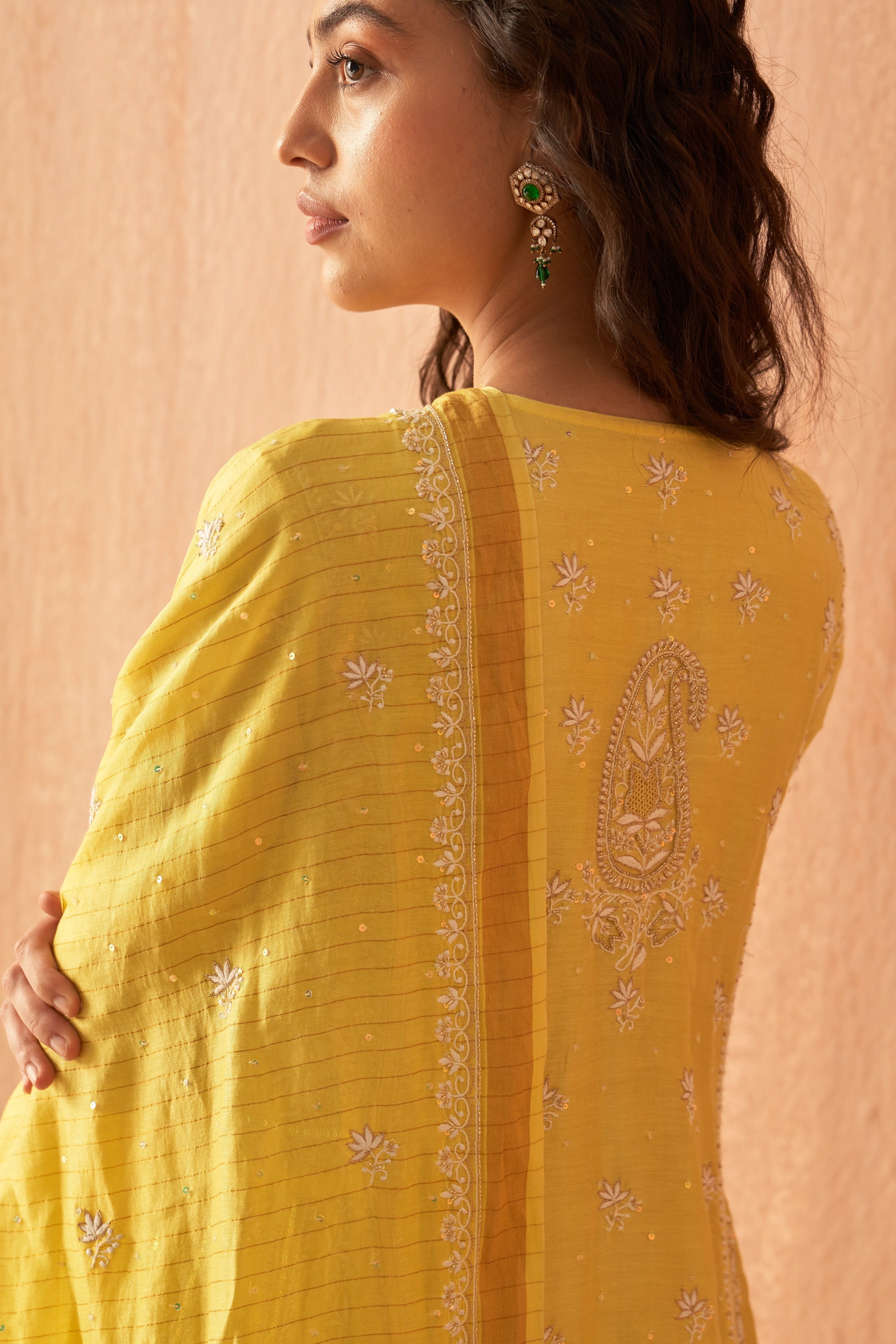 Yellow chanderi chikankari and zardozi Anarkali set