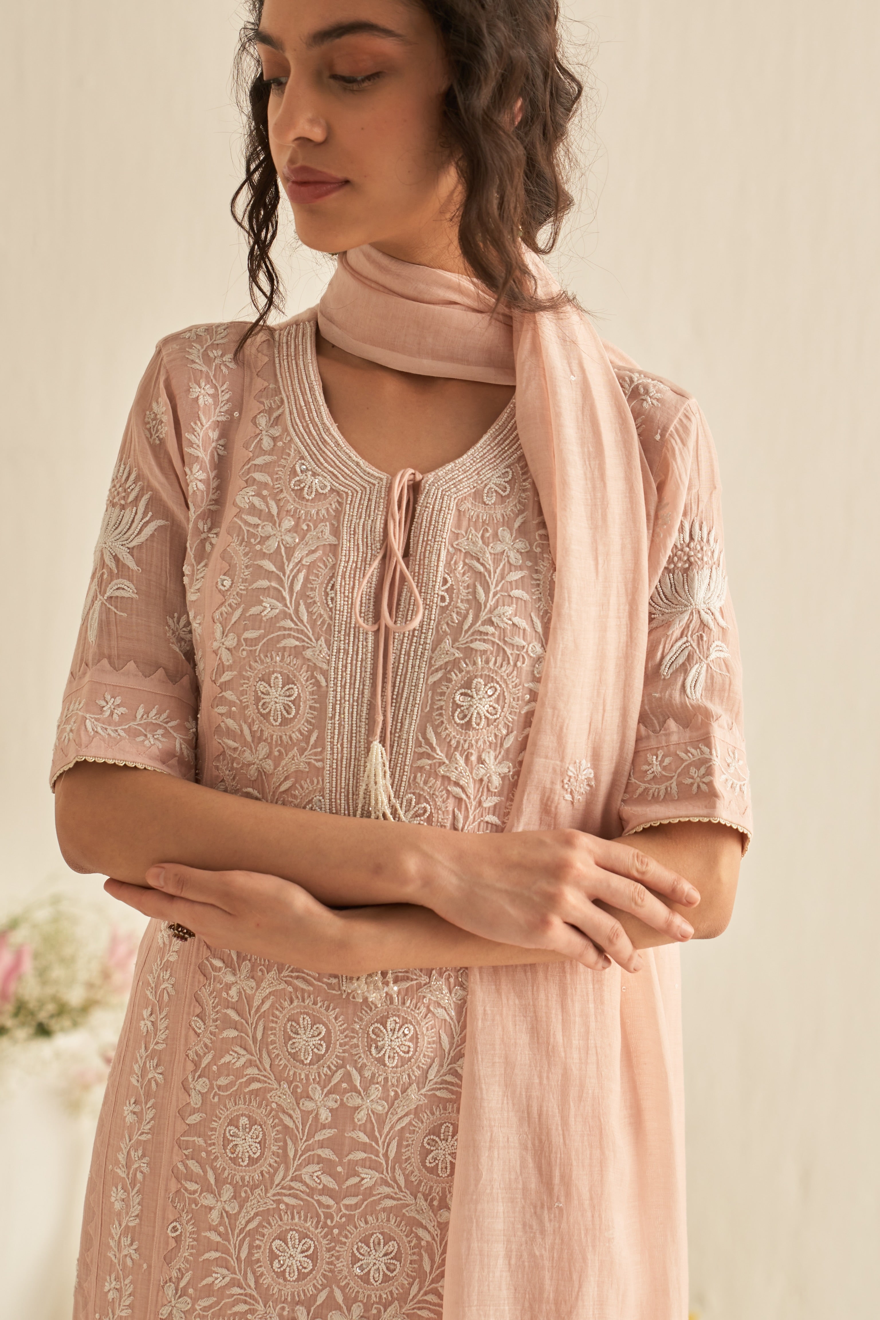 Peach chanderi chikankari kurta set