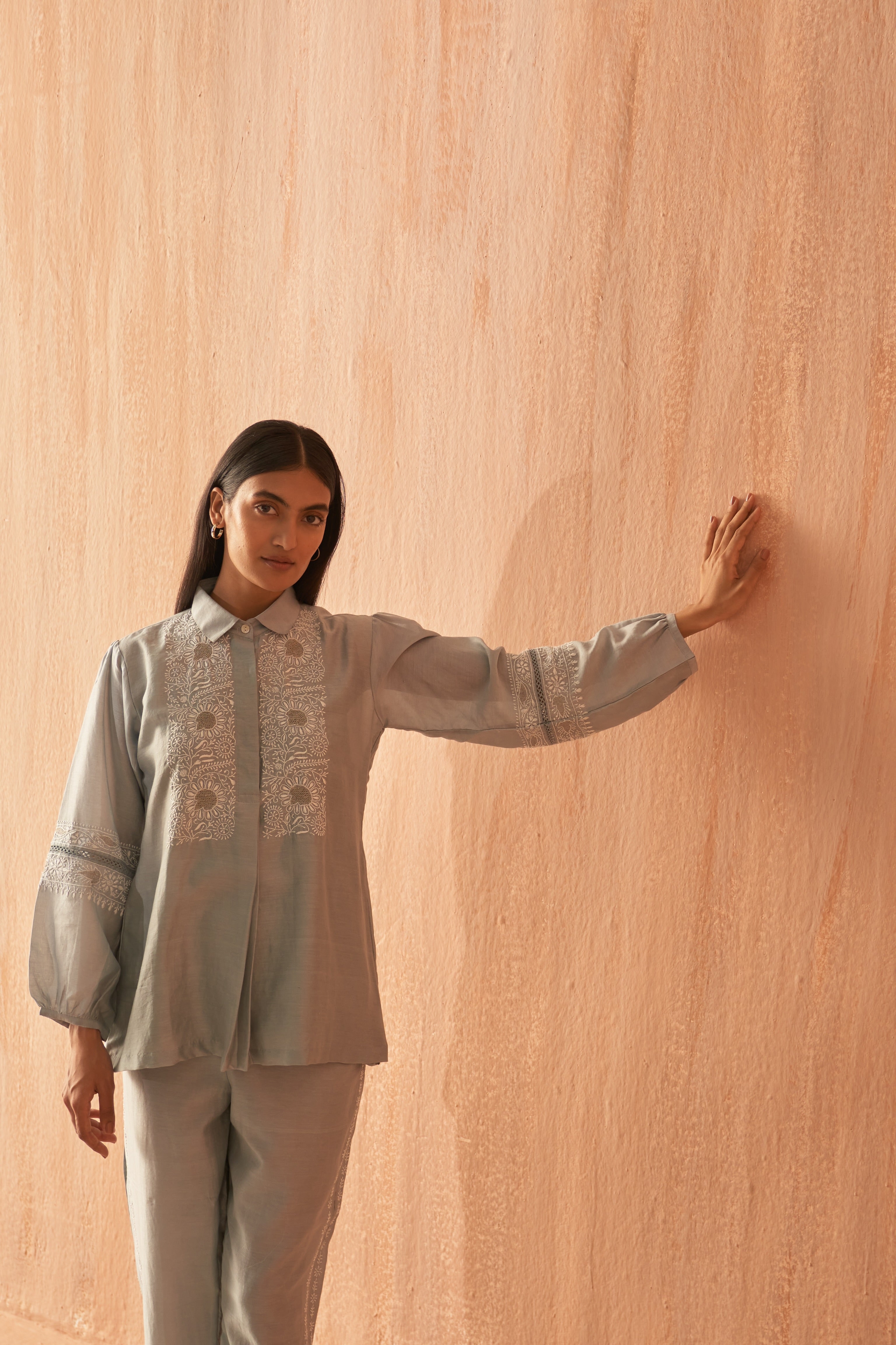 Grey chanderi chikankari Co-ord sets