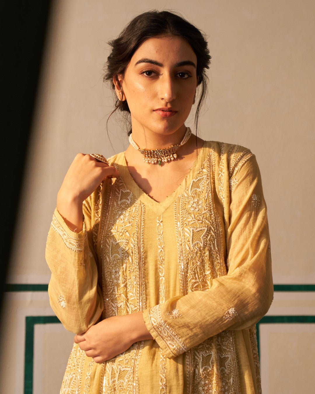 Lime Green Tissue Anarkali with heavy front and back work