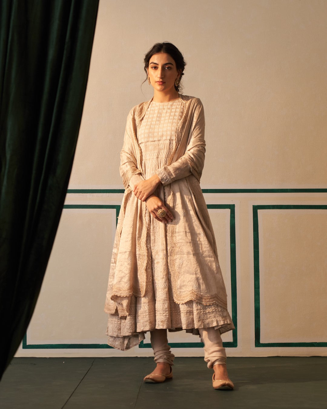 Silver Tissue Chanderi Anarkali with detailed chikankari work