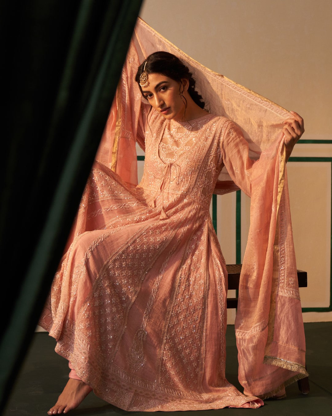 Pink Tissue Anarkali with heavy front and back work