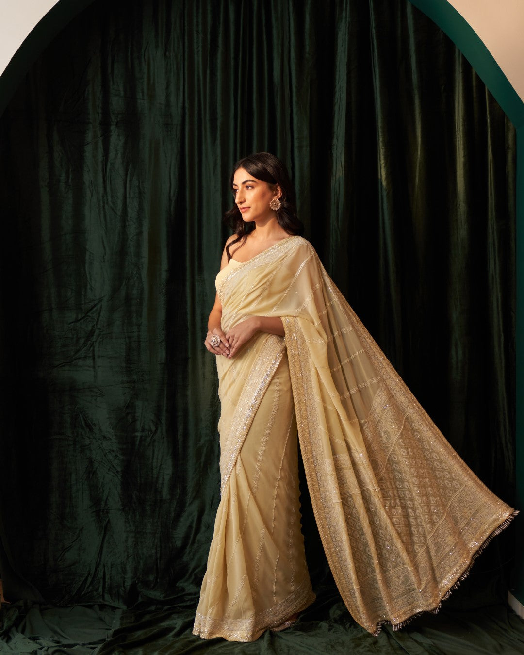 Lemon Yellow Pure Georgette Diagonal Work Saree