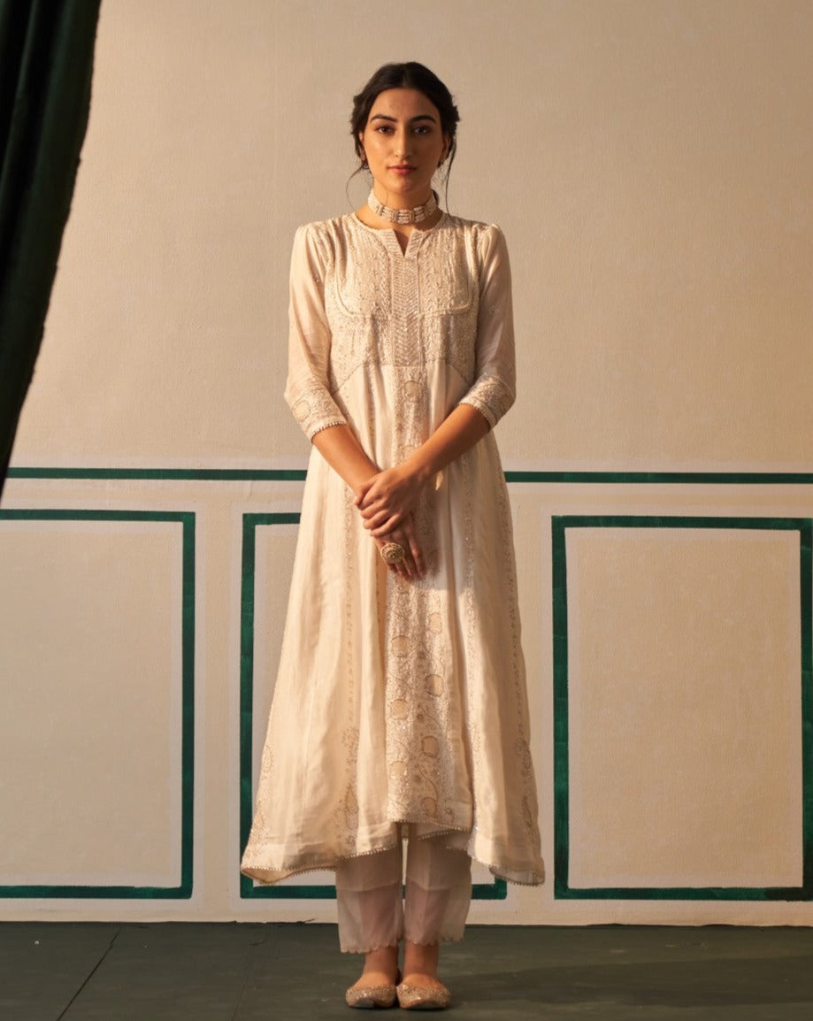 White Chanderi Anarkali Centre Panel with heavy front and back work