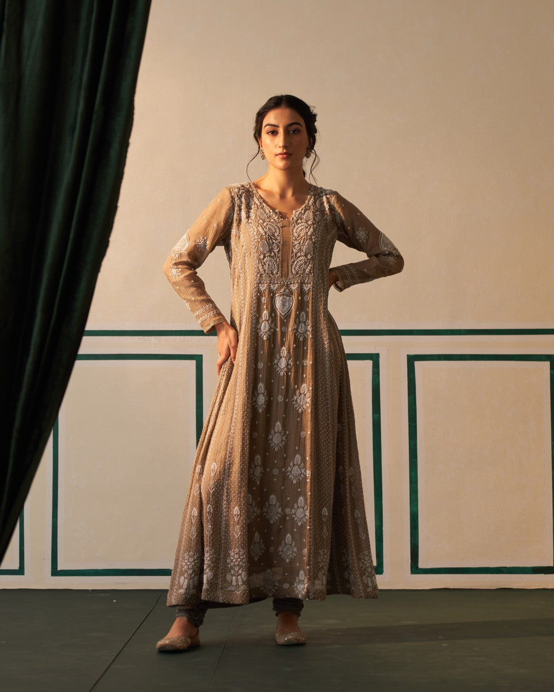 Grey Tissue Anarkali with heavy front and back pearl work and Chikankari