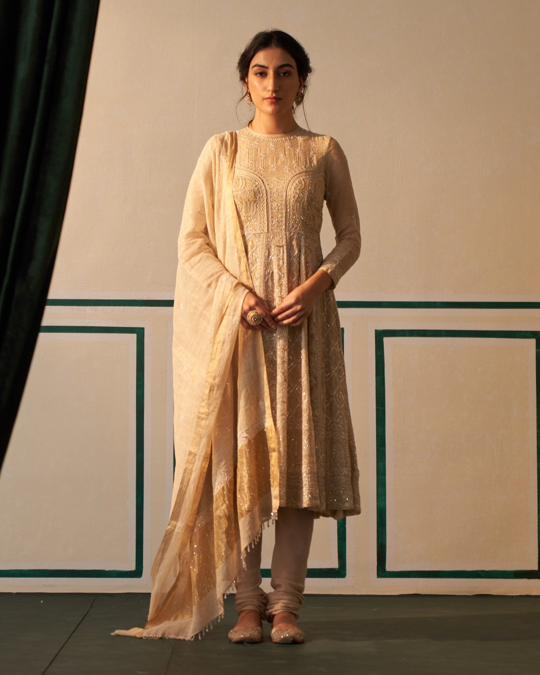 Gold Tissue Anarkali with all over embellishment