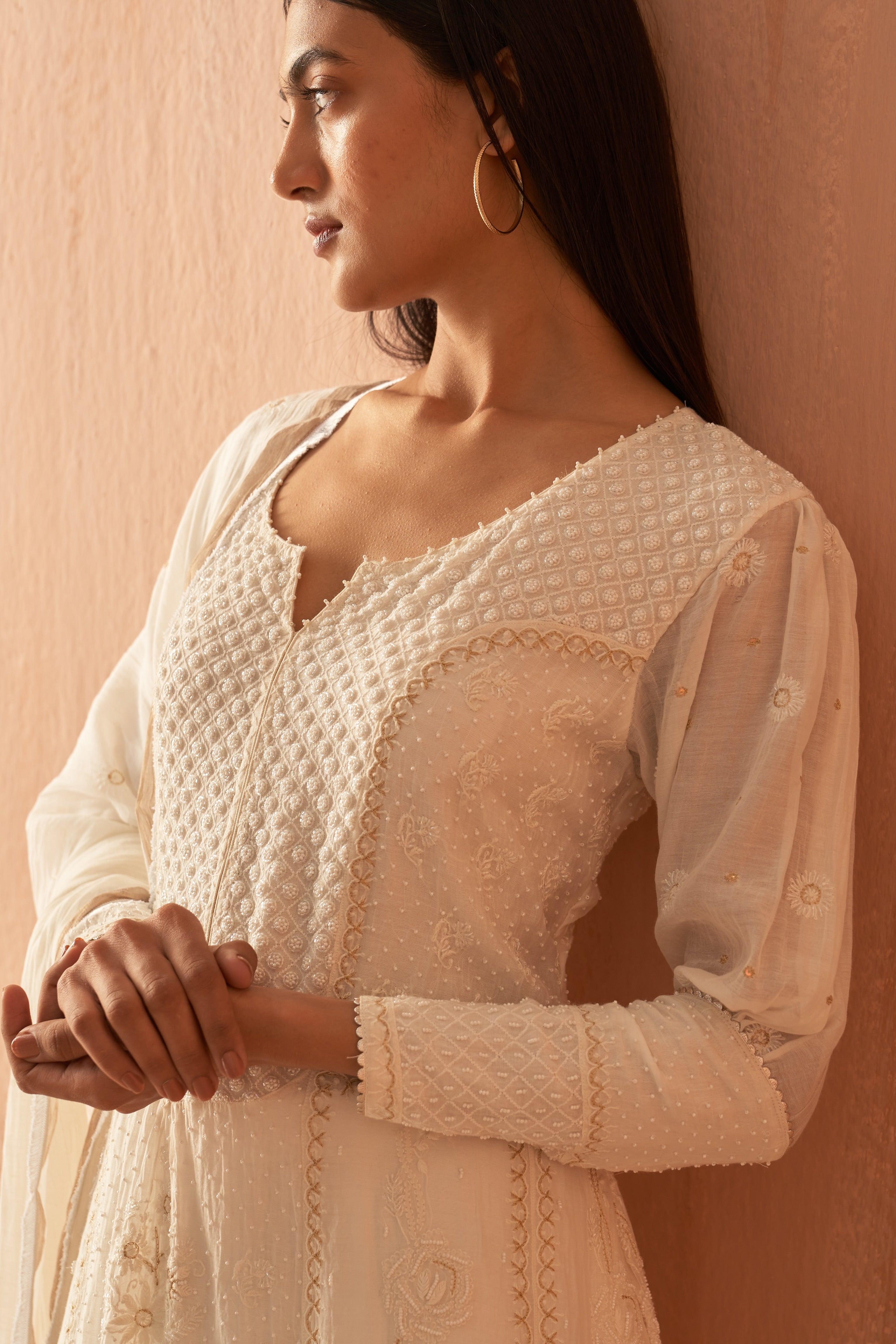 White Chanderi Chikankari Anarkali set with Pearl highlights