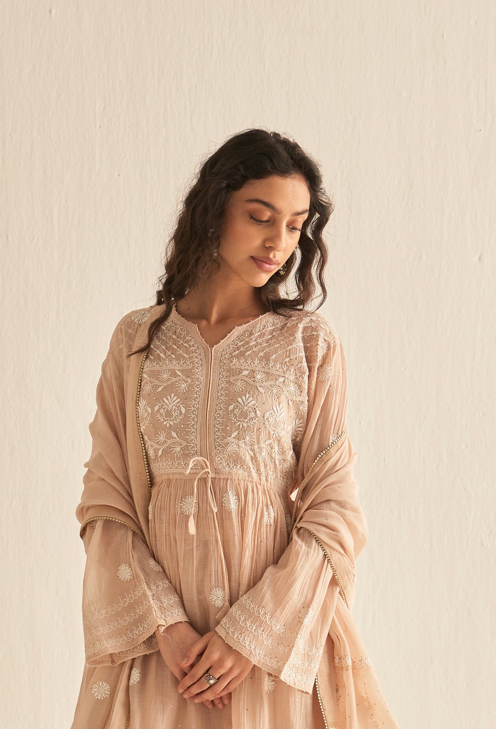 Peach mul chanderi mukaish and chikankari sharara set