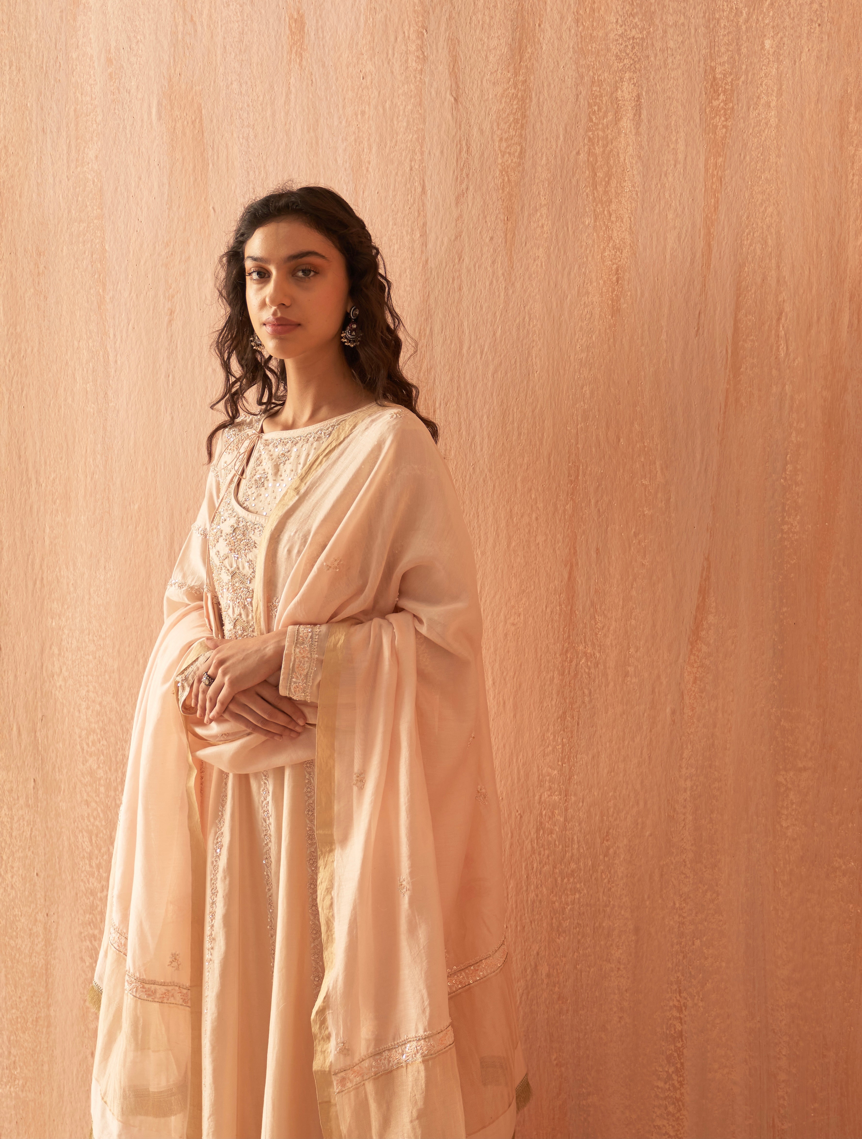 Peach Chanderi Anarkali set with Zari and Chikankari