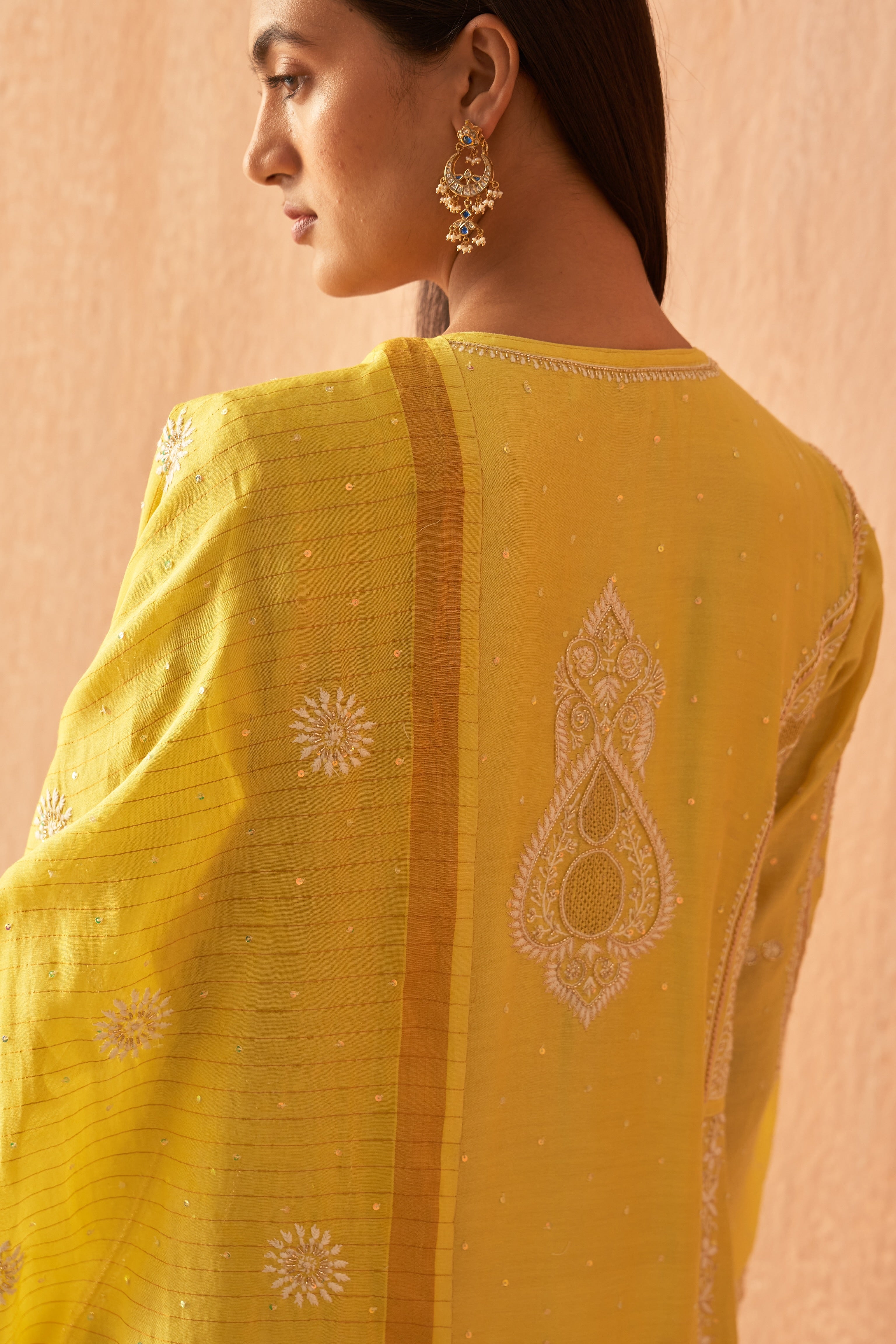 Yellow Chanderi Chikankari and Zardozi Anarkali set