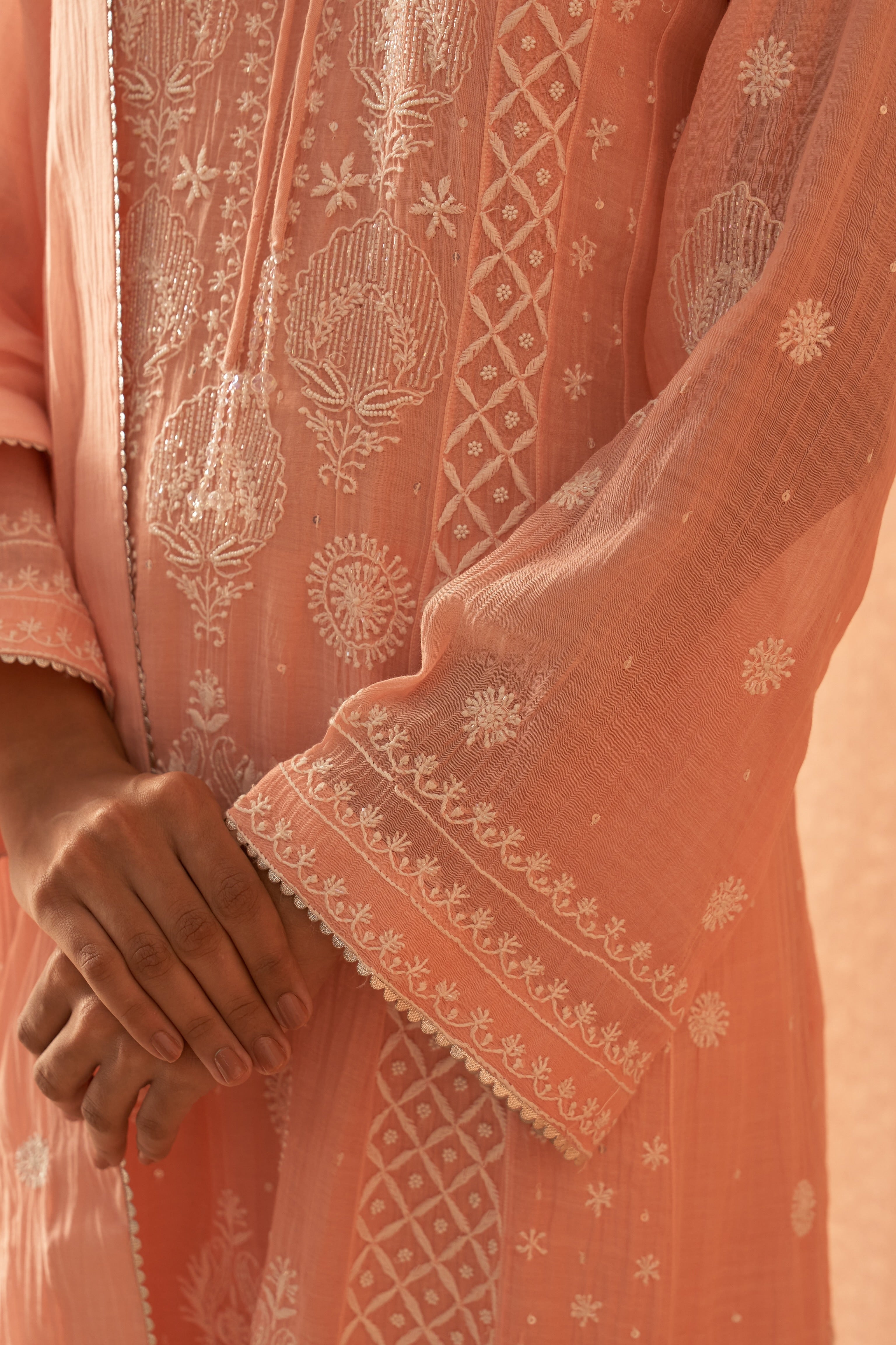 Peach soft Chanderi Heavy Chikankari Kurta Set