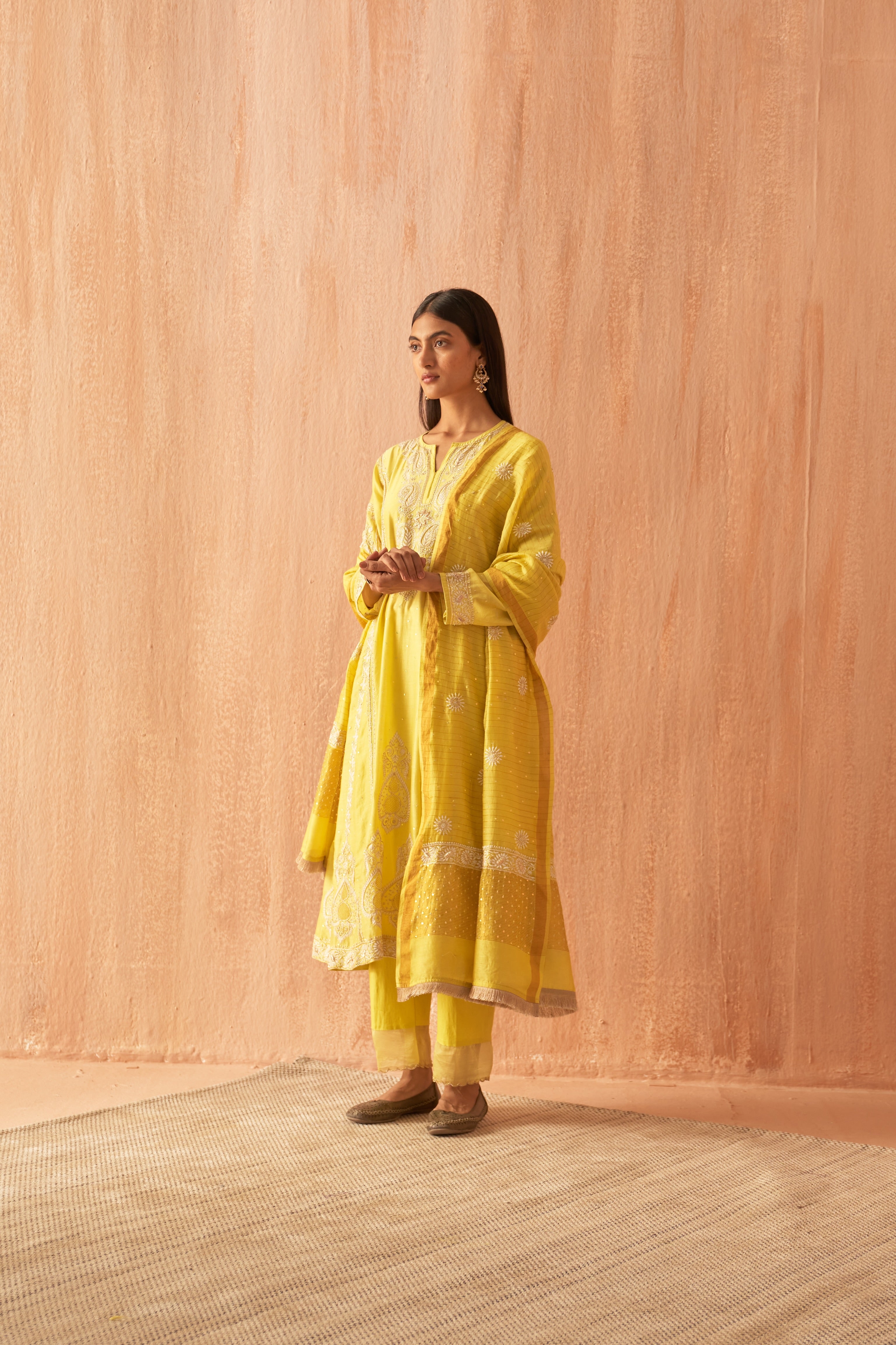 Yellow Chanderi Chikankari and Zardozi Anarkali set