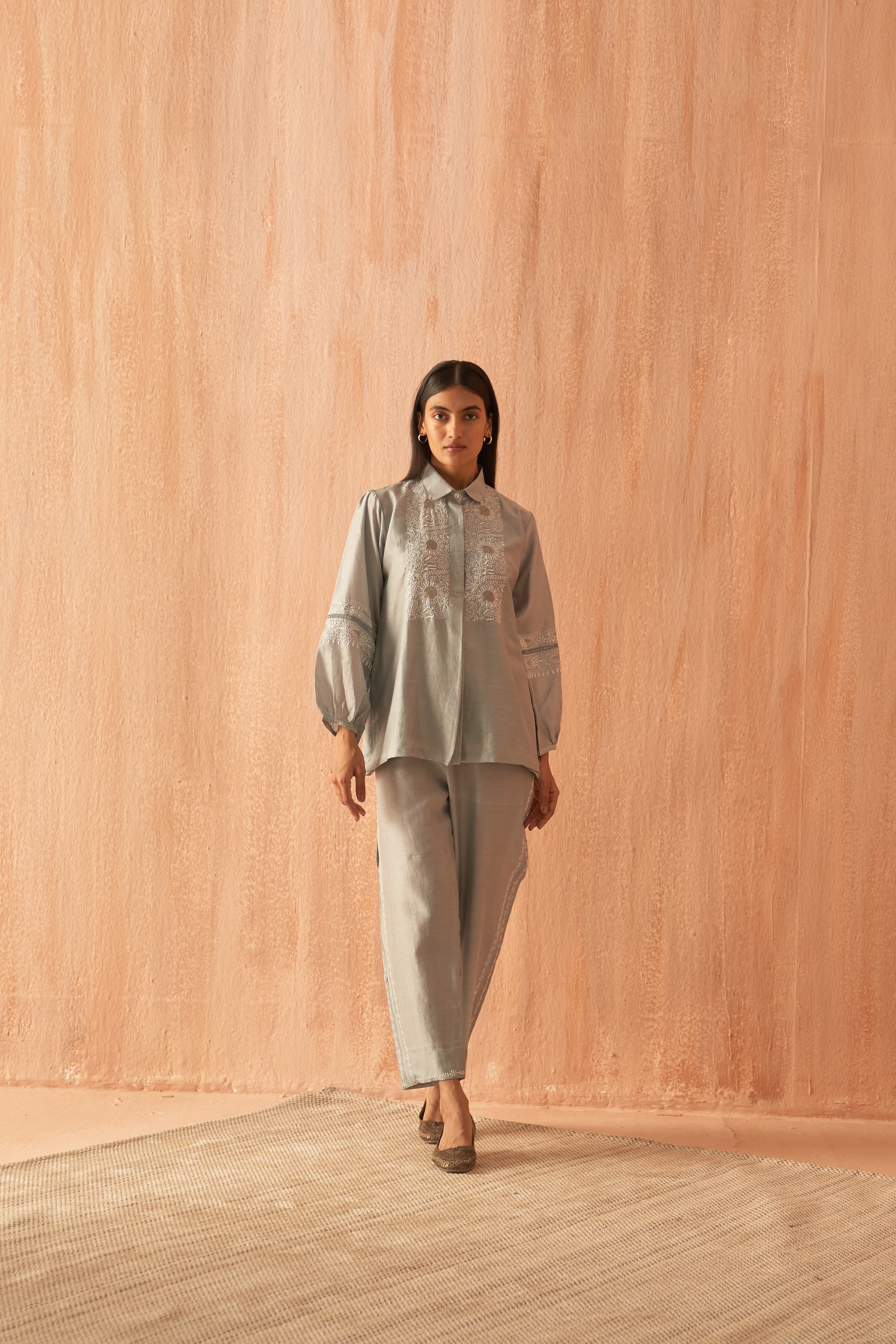 Grey chanderi chikankari Co-ord sets