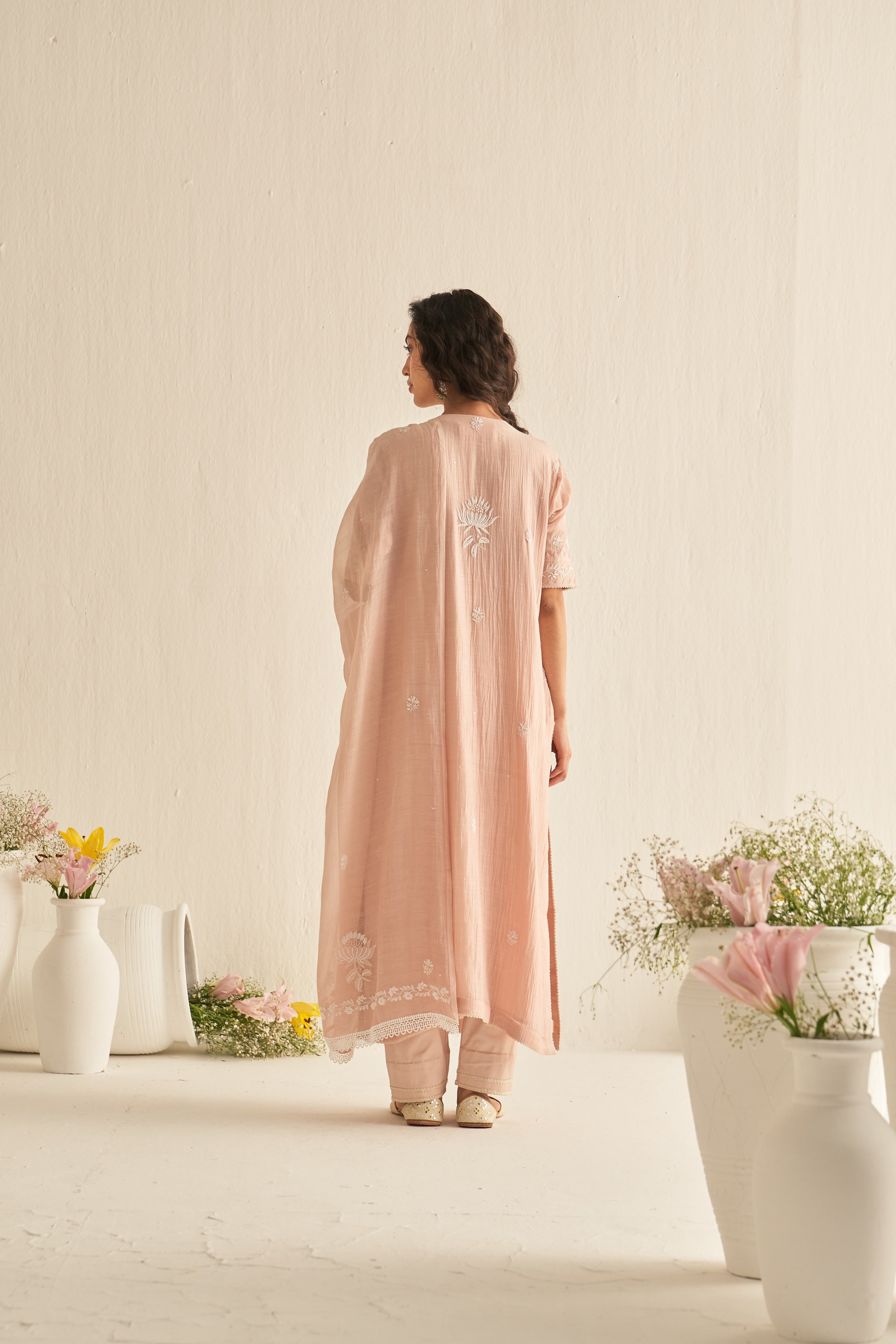 Peach chanderi chikankari kurta set