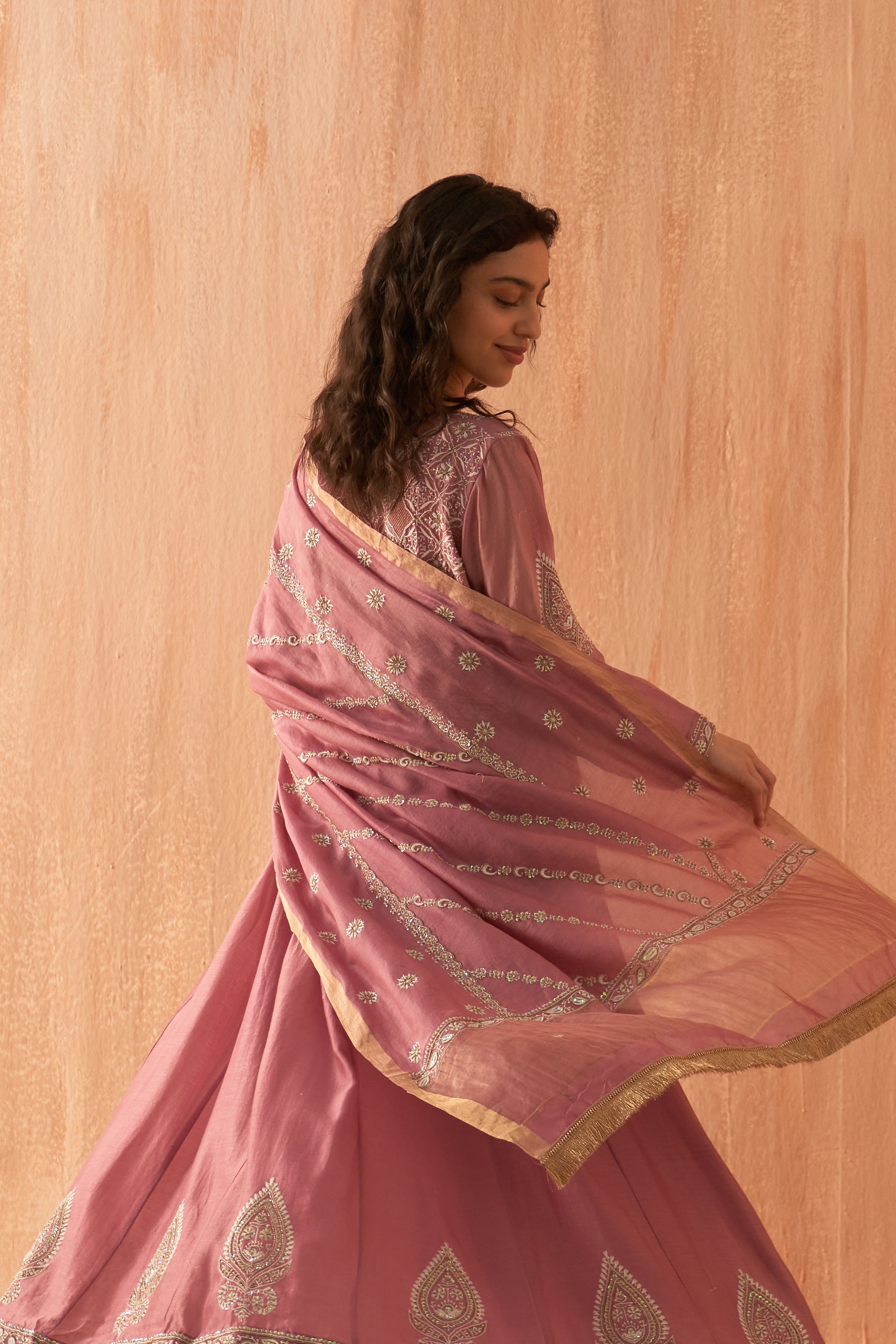 Onion Pink Chanderi chikankari anarkali set