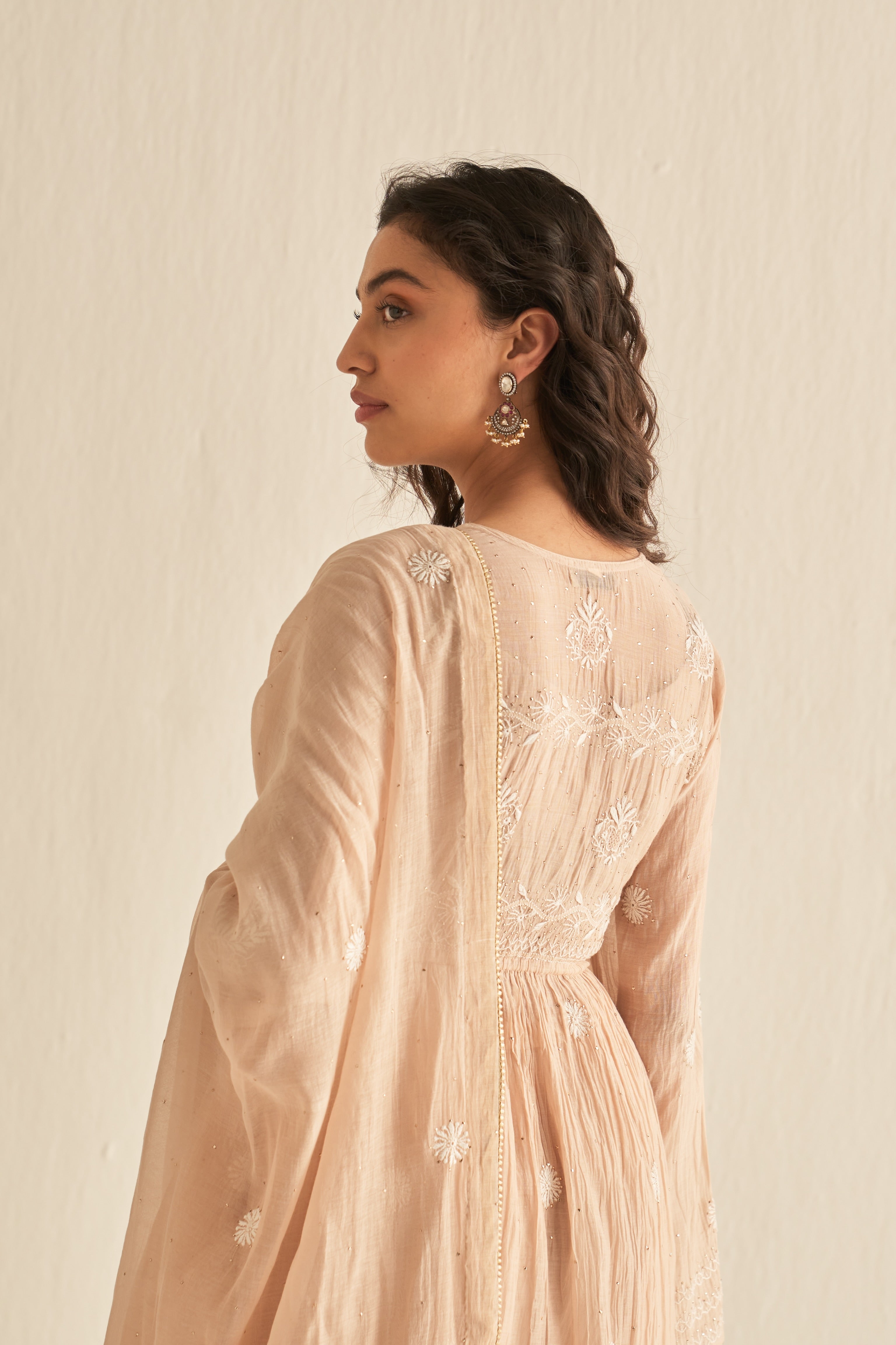 Peach mul chanderi mukaish and chikankari sharara set