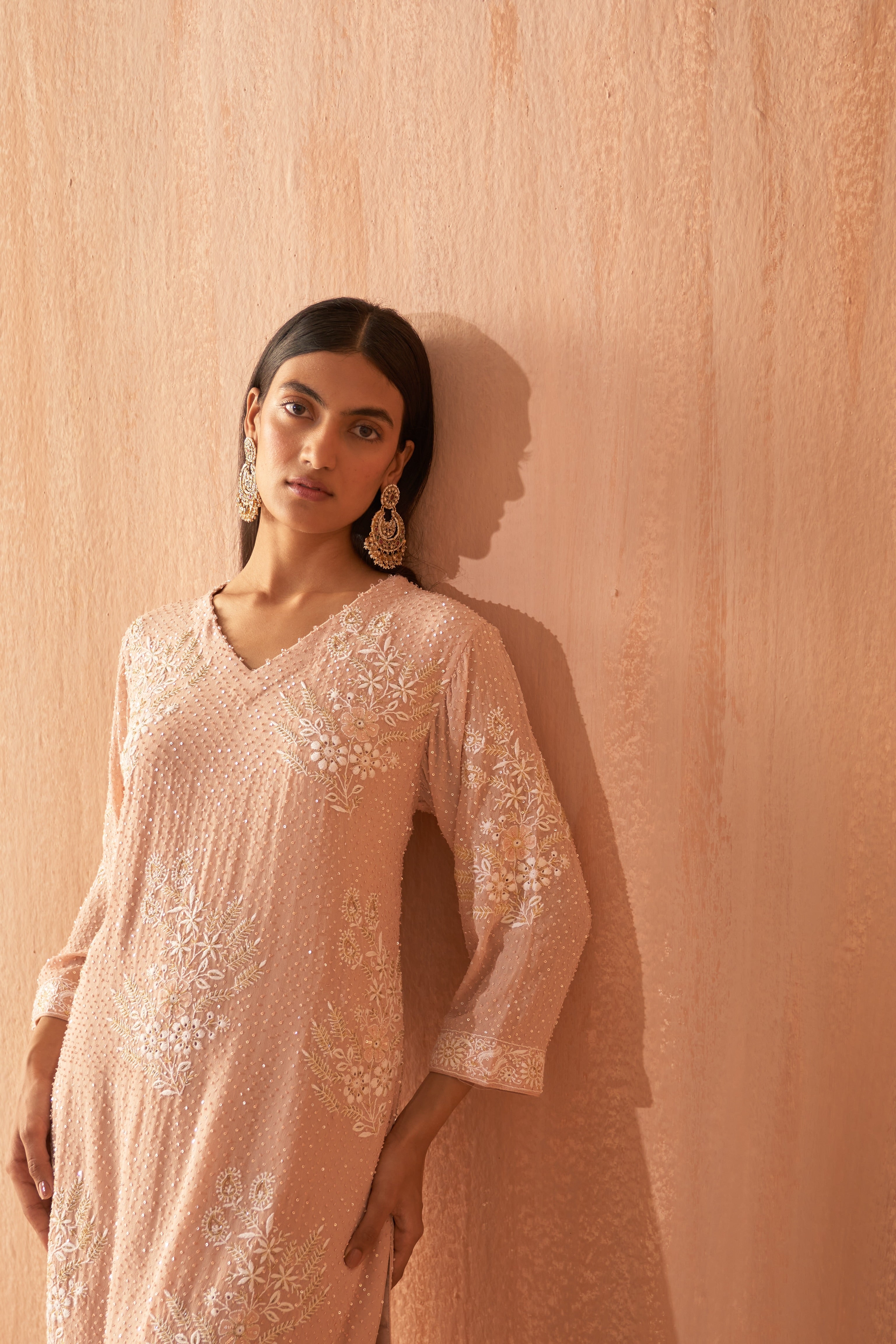Gul Pink Georgette Chikankari kurta set with statement floral bootas