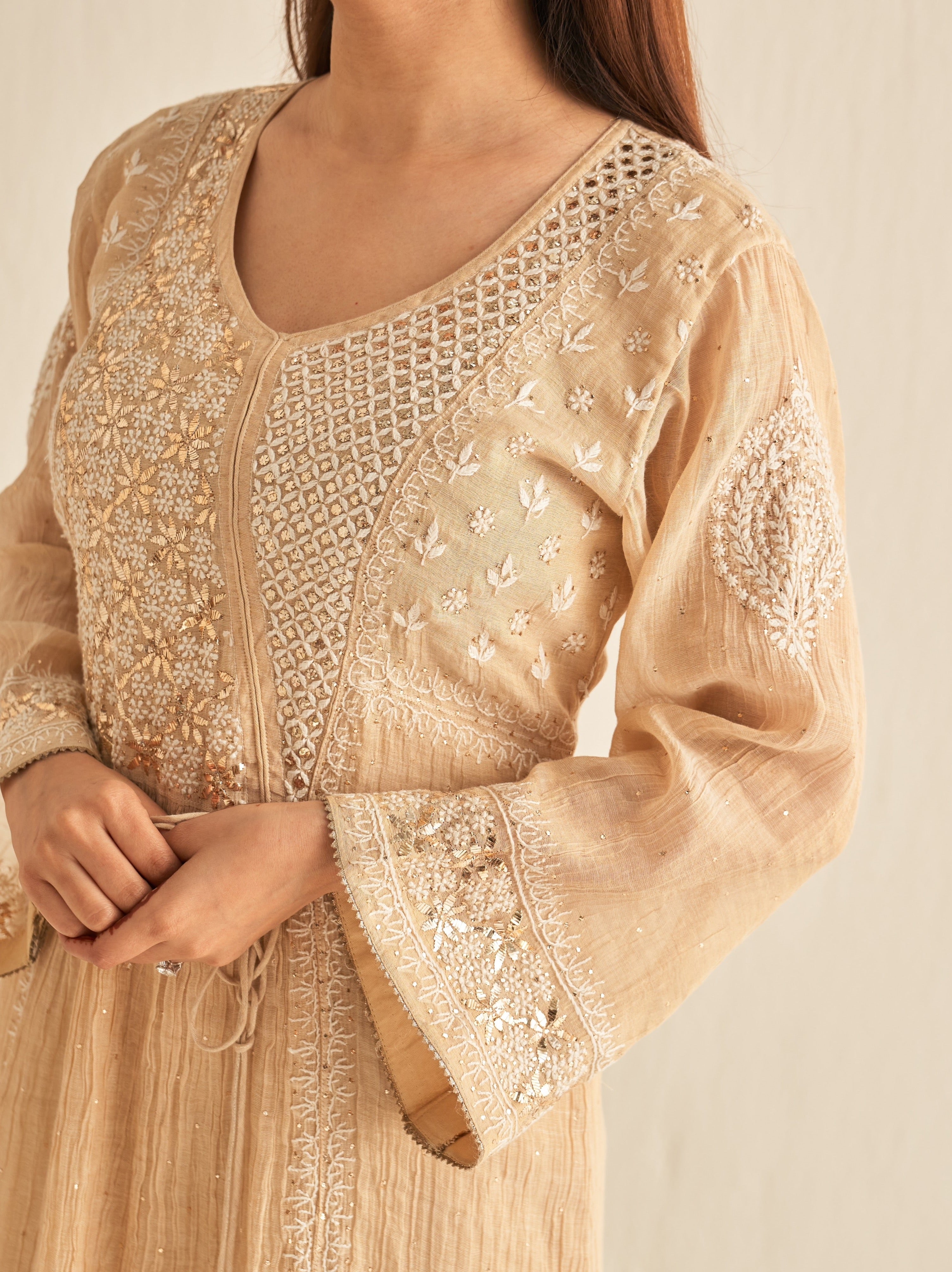 Natural gold chikankari and mukaish tunic dress