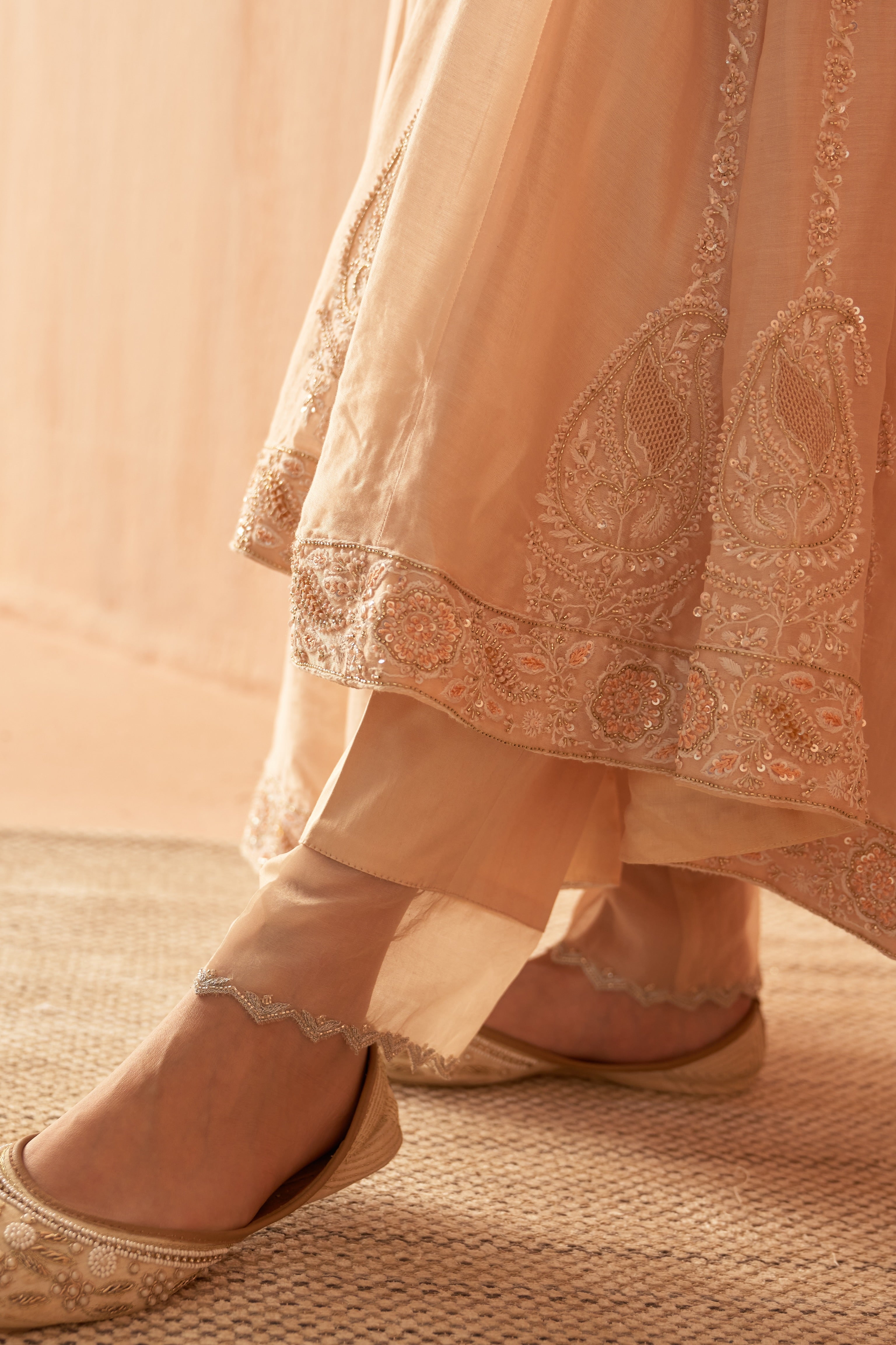 Peach Chanderi Anarkali set with Zari and Chikankari