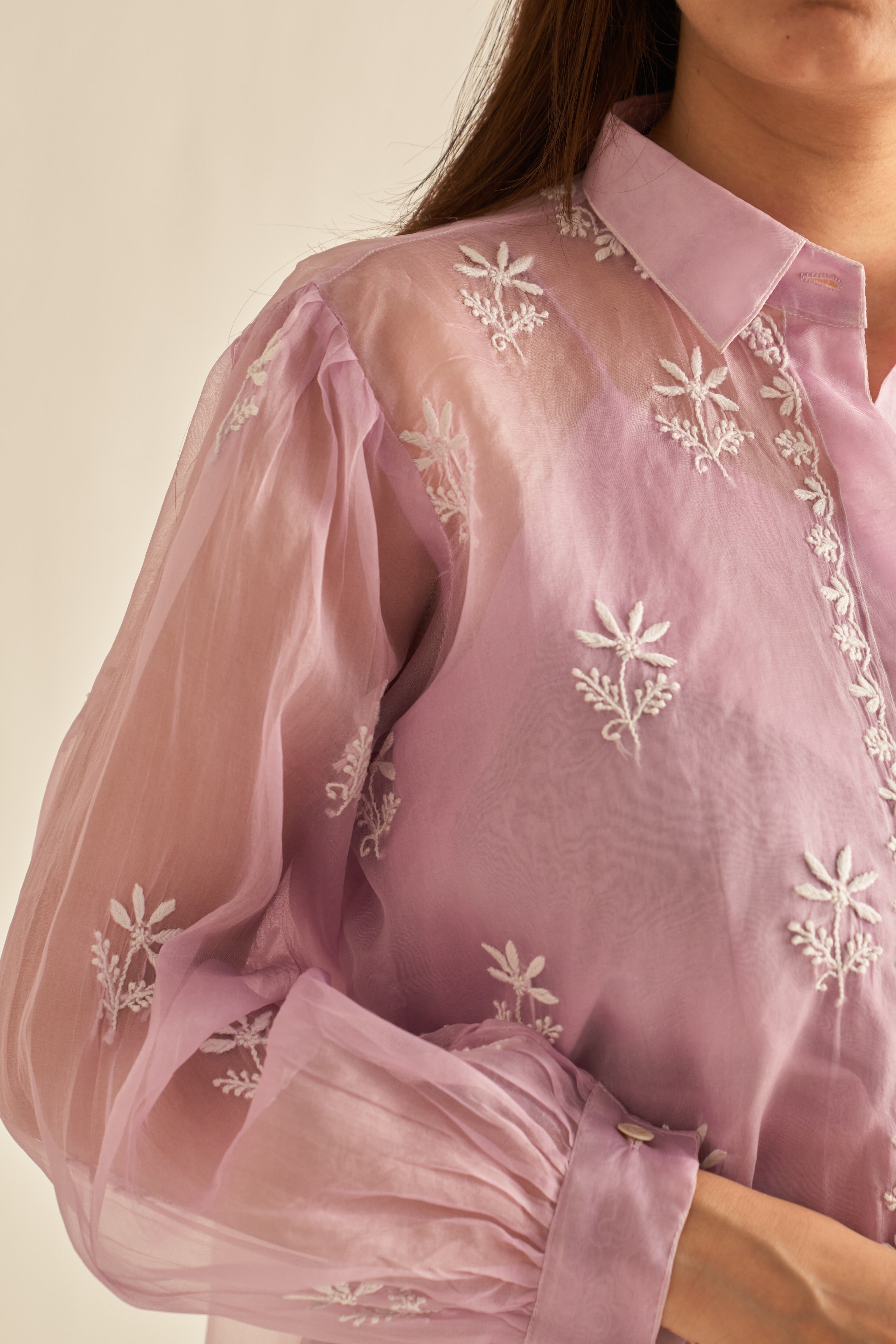 Lavender organza shirt with chikankari