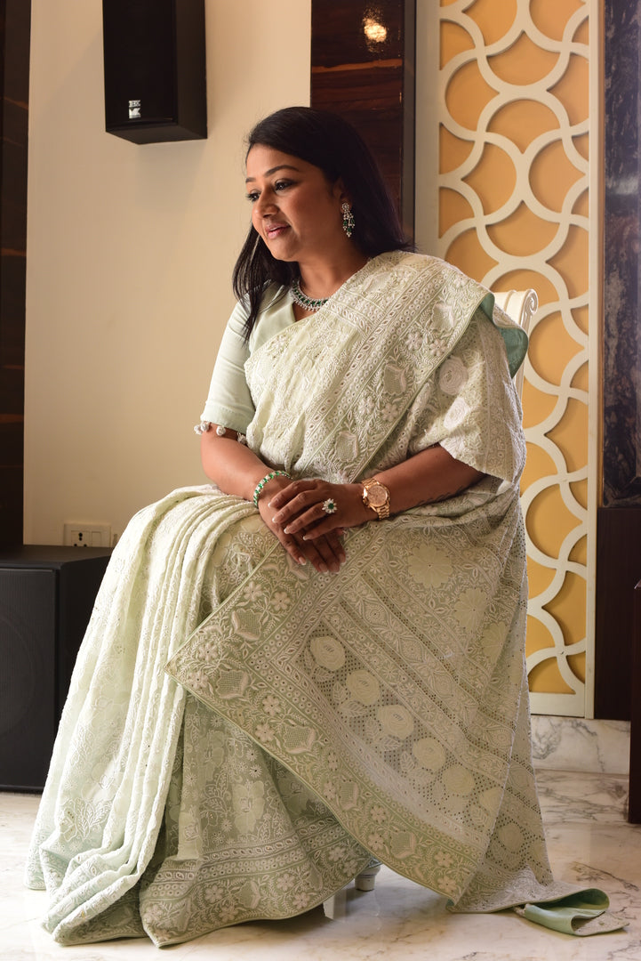 Dolly Jain in do-taar pastel chikankari saree